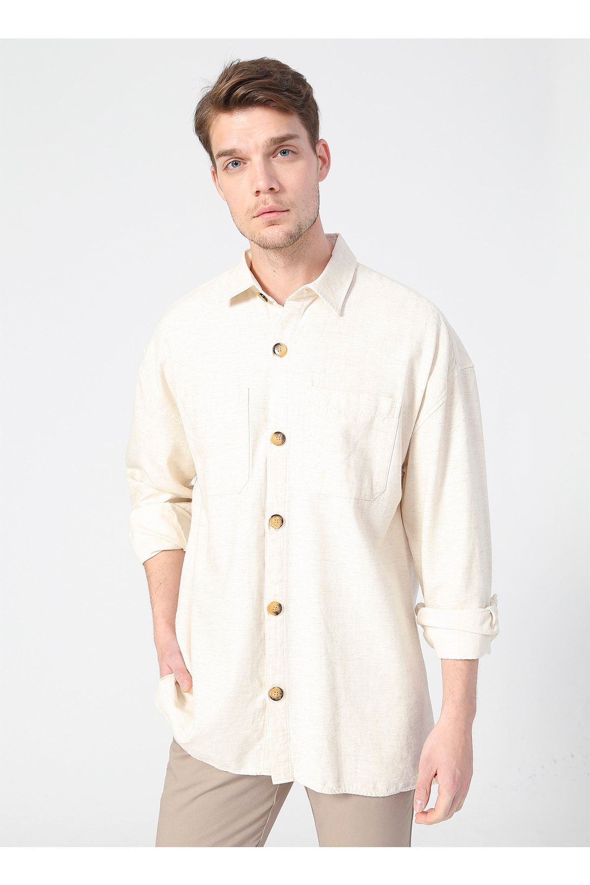 Fabrika Ceket Yaka Basic Düz Bej Erkek Gömlek - Afrıca