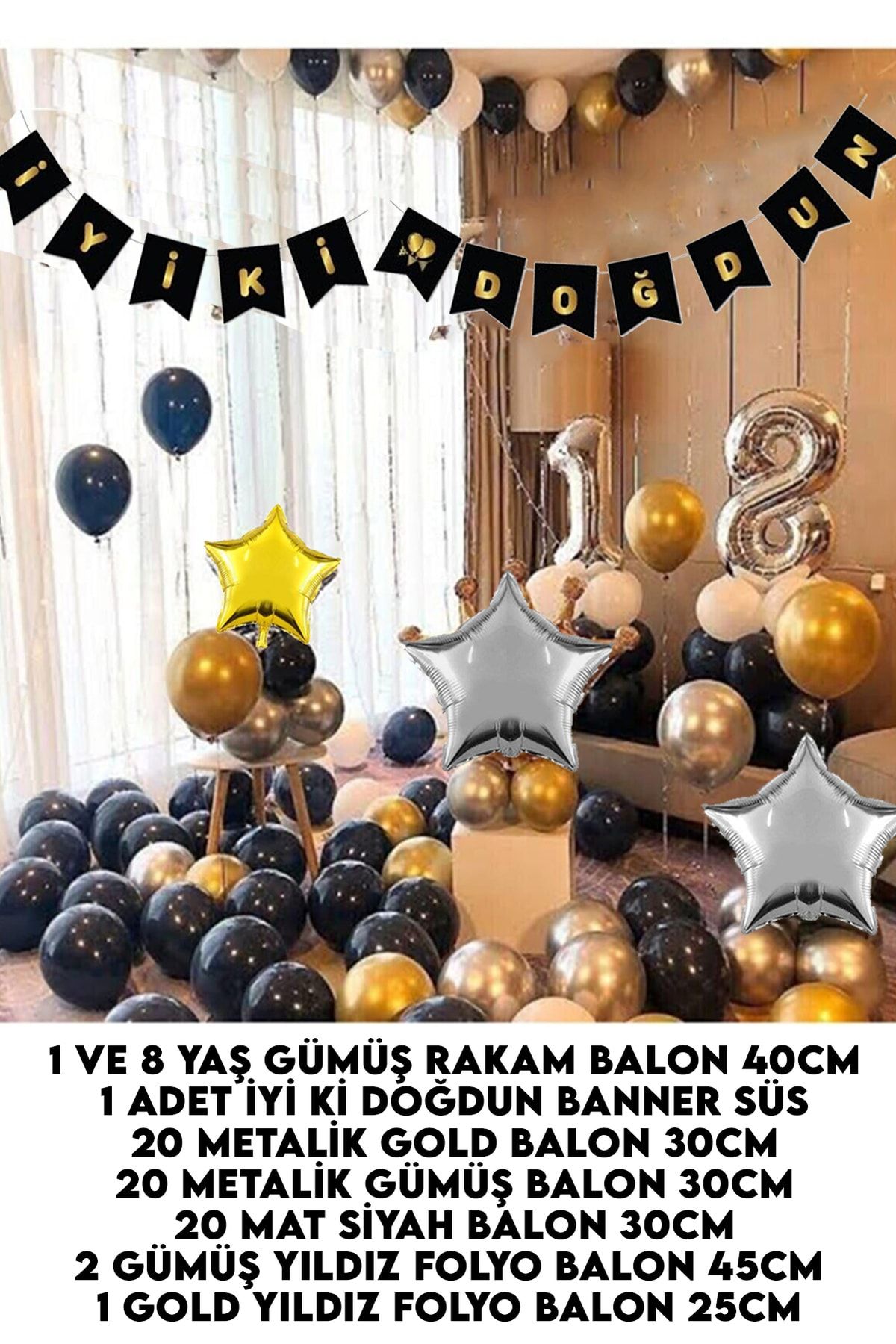 18 Yaşa Özel 60 Balonlu Doğum Günü Parti Süsleri Veya Zinciri Gümüş Gold Siyah Balon Doğumgünü Seti_1