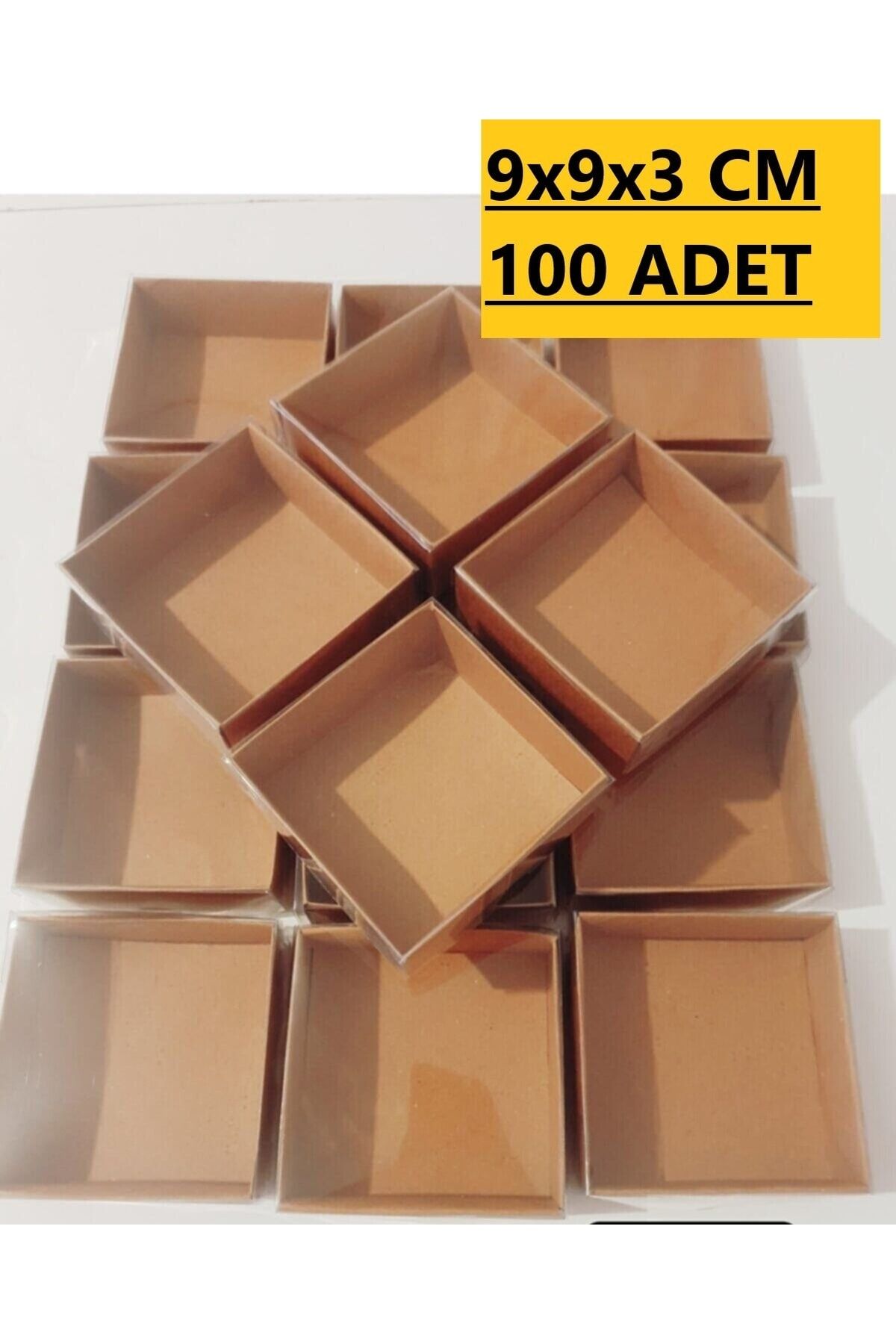 Modern Box 100 Adet 9x9x3 Cm Asetat Kapaklı Kraft Kutu Düğün Nişan Kına Hediyelik Kutu