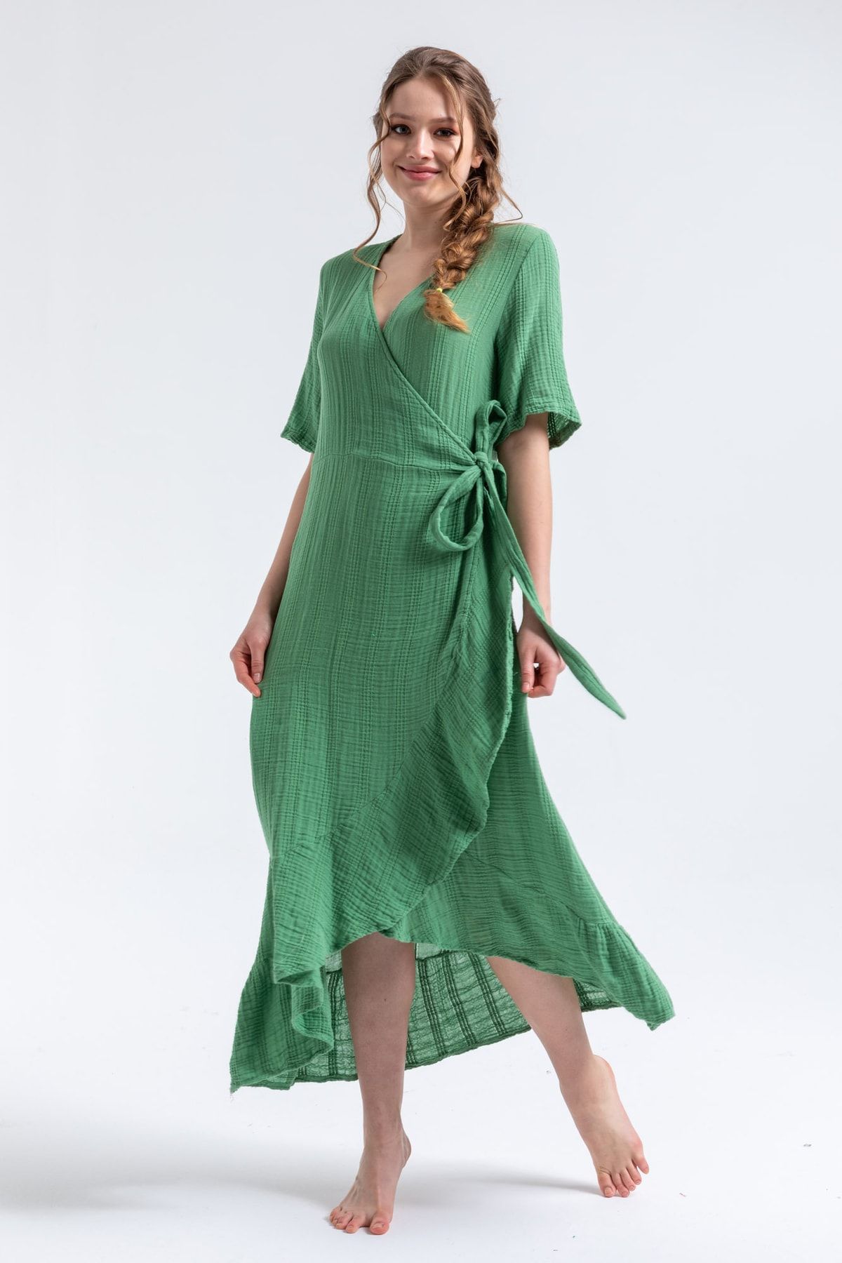 Begonville Mei Muslin %100 Pamuk Wrap Elbise - Yeşil