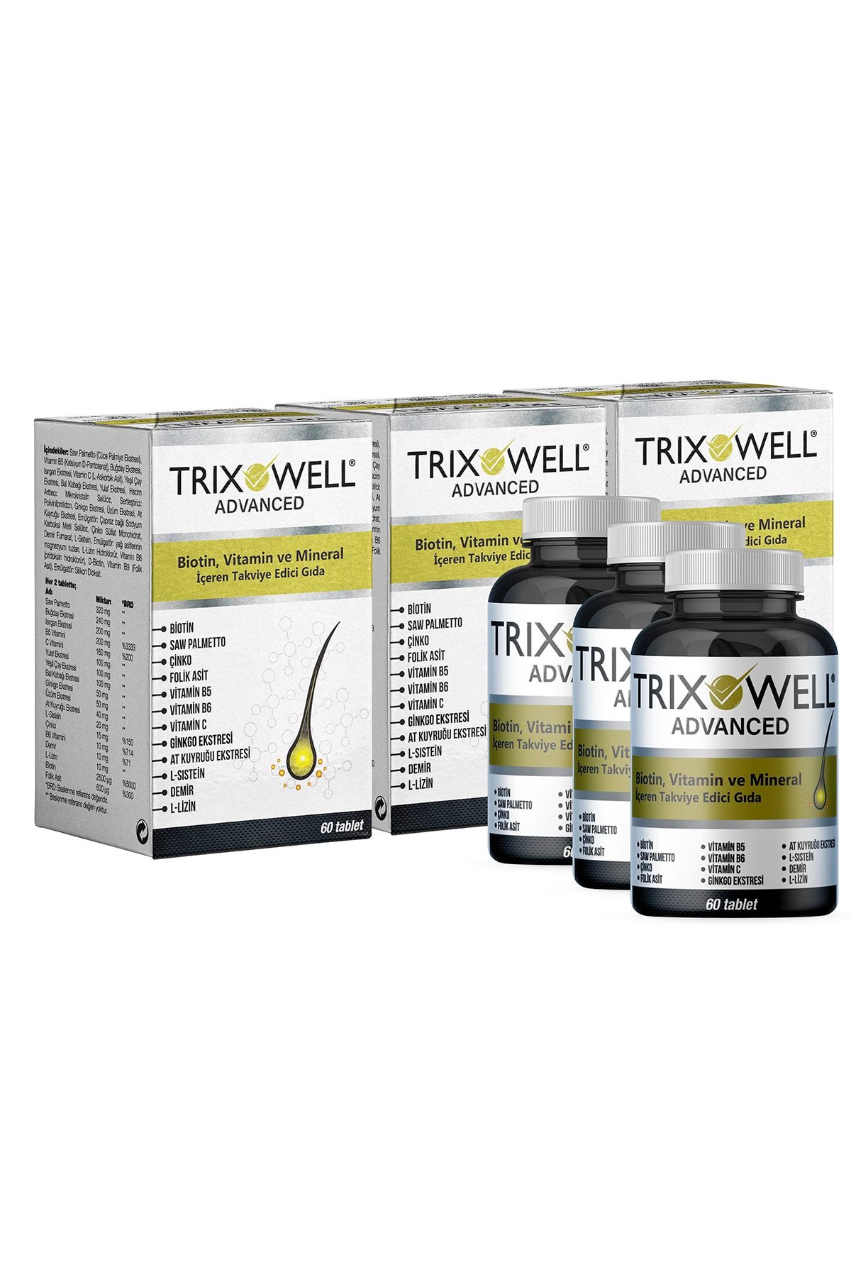 Trixowell Advanced Biotin Vitamin, Mineral Ve Bitkisel Ekstreler Içeren Saç Dökülmesine Karşı Vitamin 3 Kutu