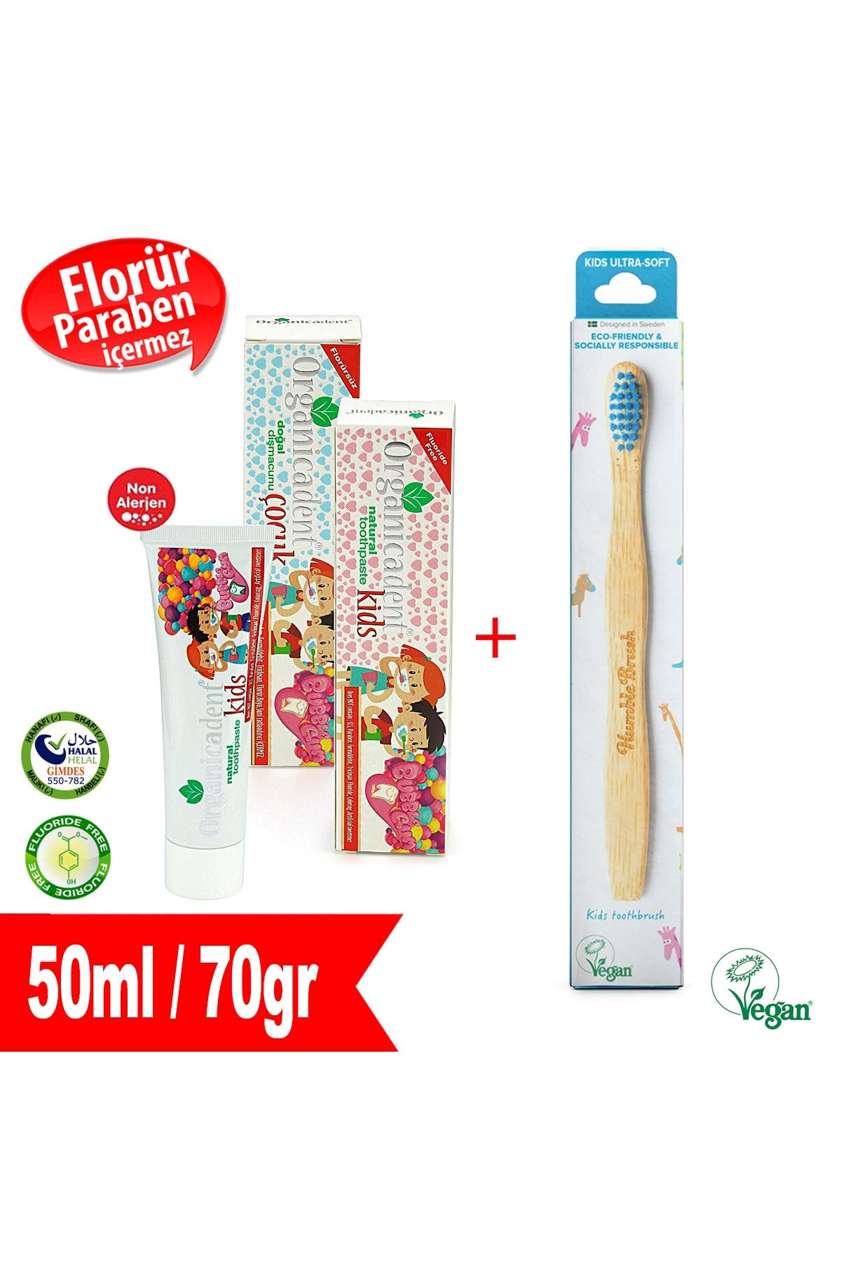 Organicadent Florürsüz Çocuk Diş Macunu + Humble Brush Çocuk Diş Fırçası (mavi)