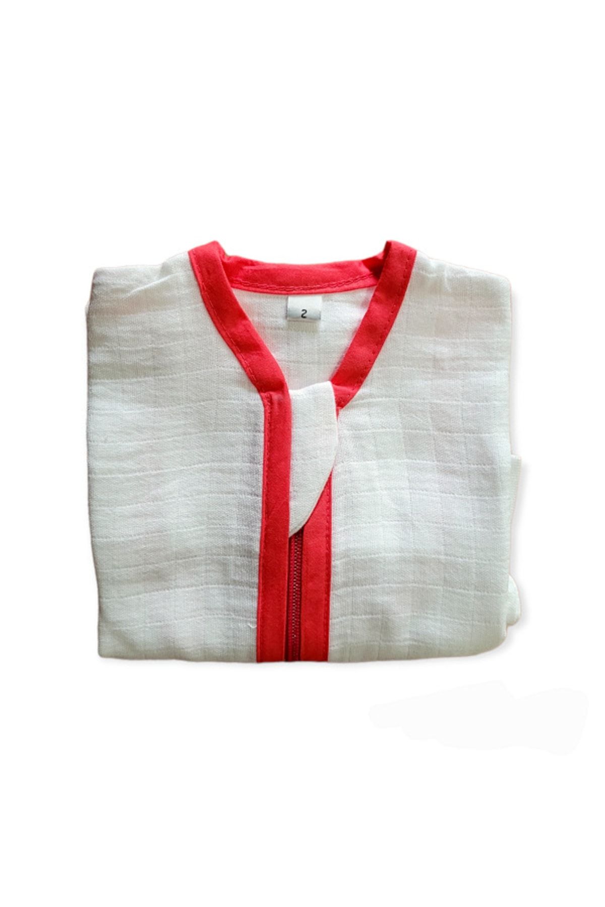 Alpar Tekstil Yazlık & Baharlık Tek Katlı Müslin Uyku Tulumu 0,5 Tog/kırmızı Biyeli Beyaz