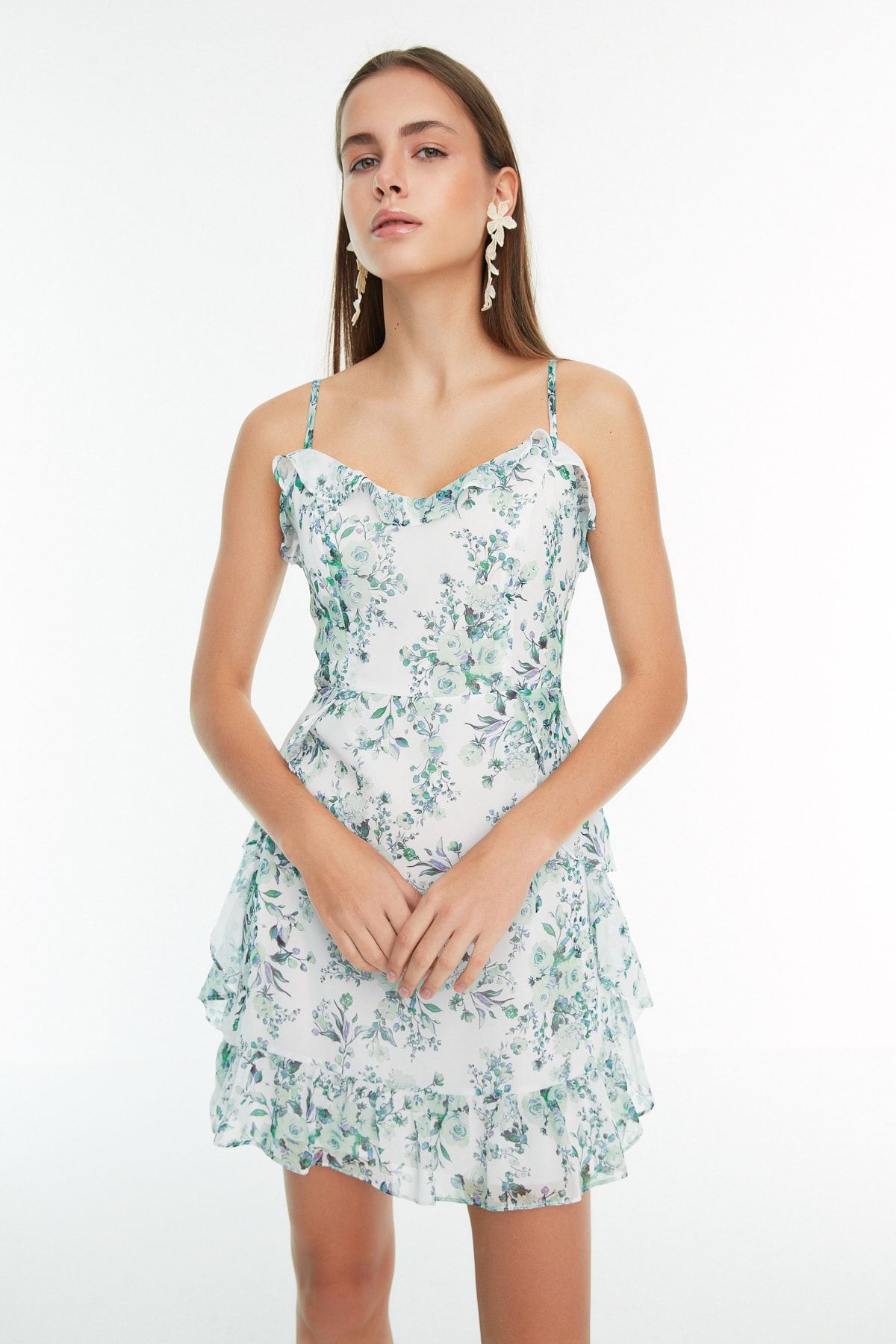 TRENDYOLMİLLA Mint A Kesim Mini Astarlı Volanlı Çiçek Desenli Dokuma Elbise TWOSS20EL1267