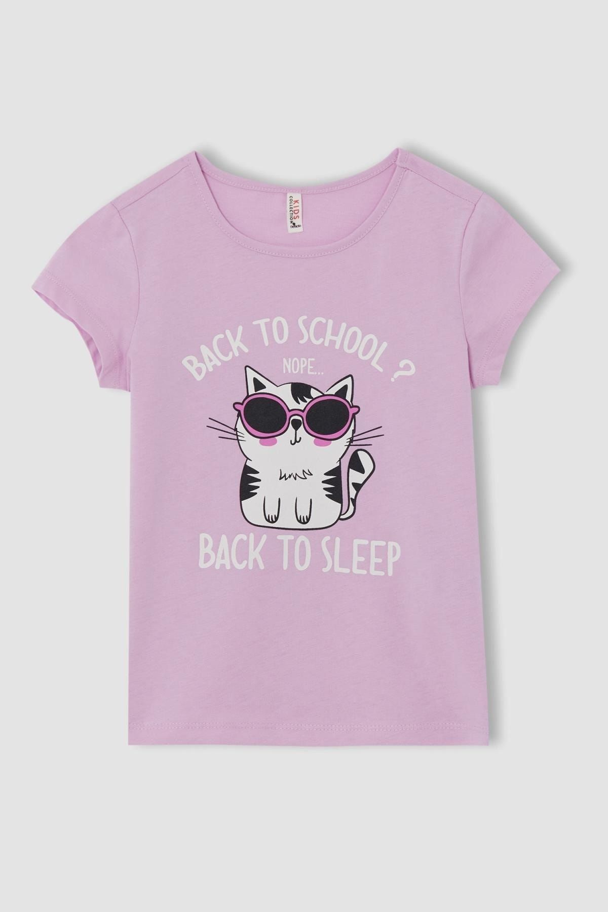 Defacto Kız Çocuk Sevimli Kedi Baskılı Kısa Kollu Tişört