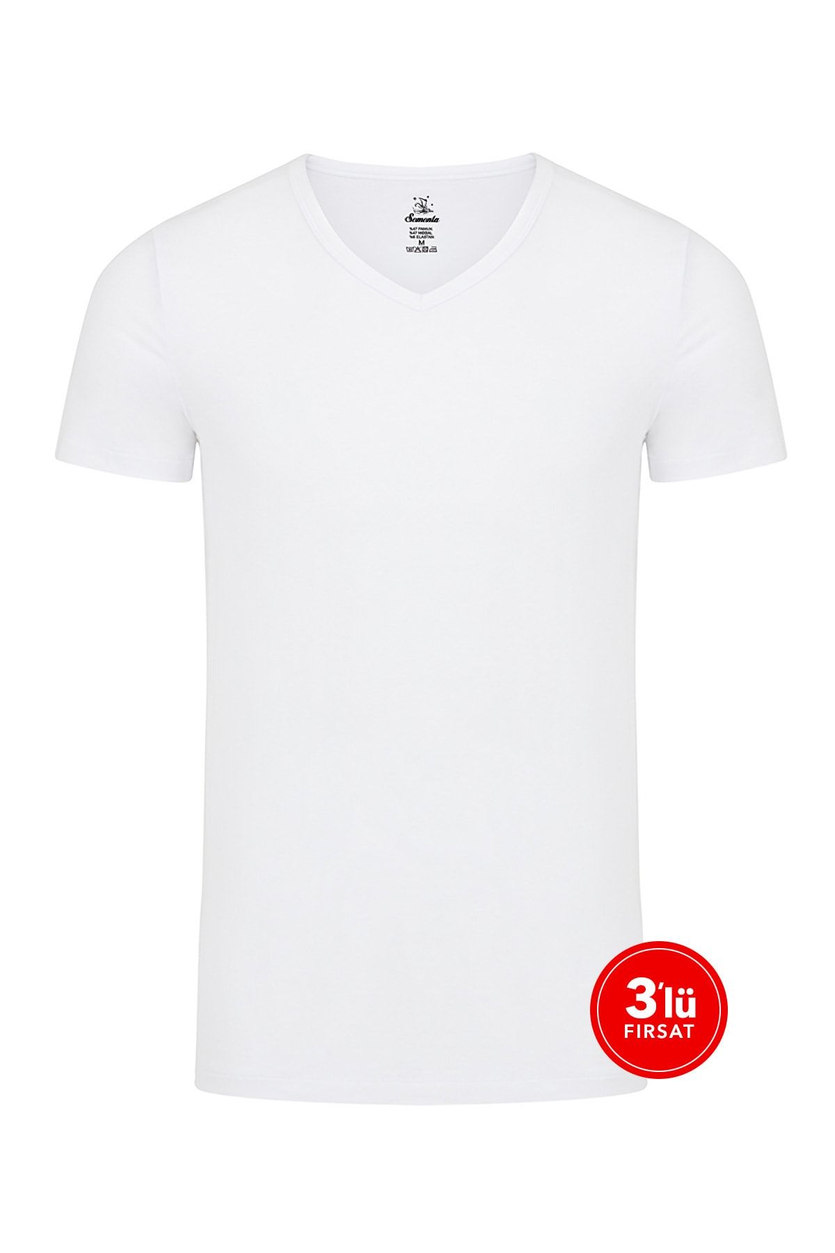 Sementa Erkek Modal V Yaka Tshirt 3'lü Paket - Beyaz