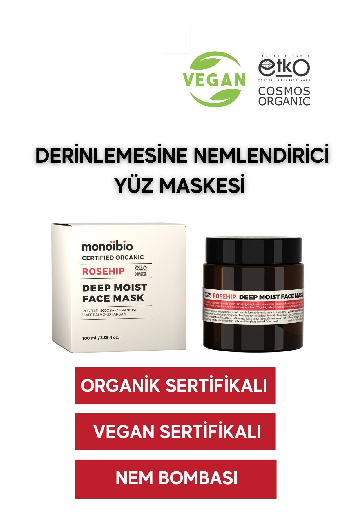 Monoibio Organik Yüz Bakım Maskesi - Rosehip Derinlemesine Nemlendirici Yüz Maskesi - Vegan 100 ml