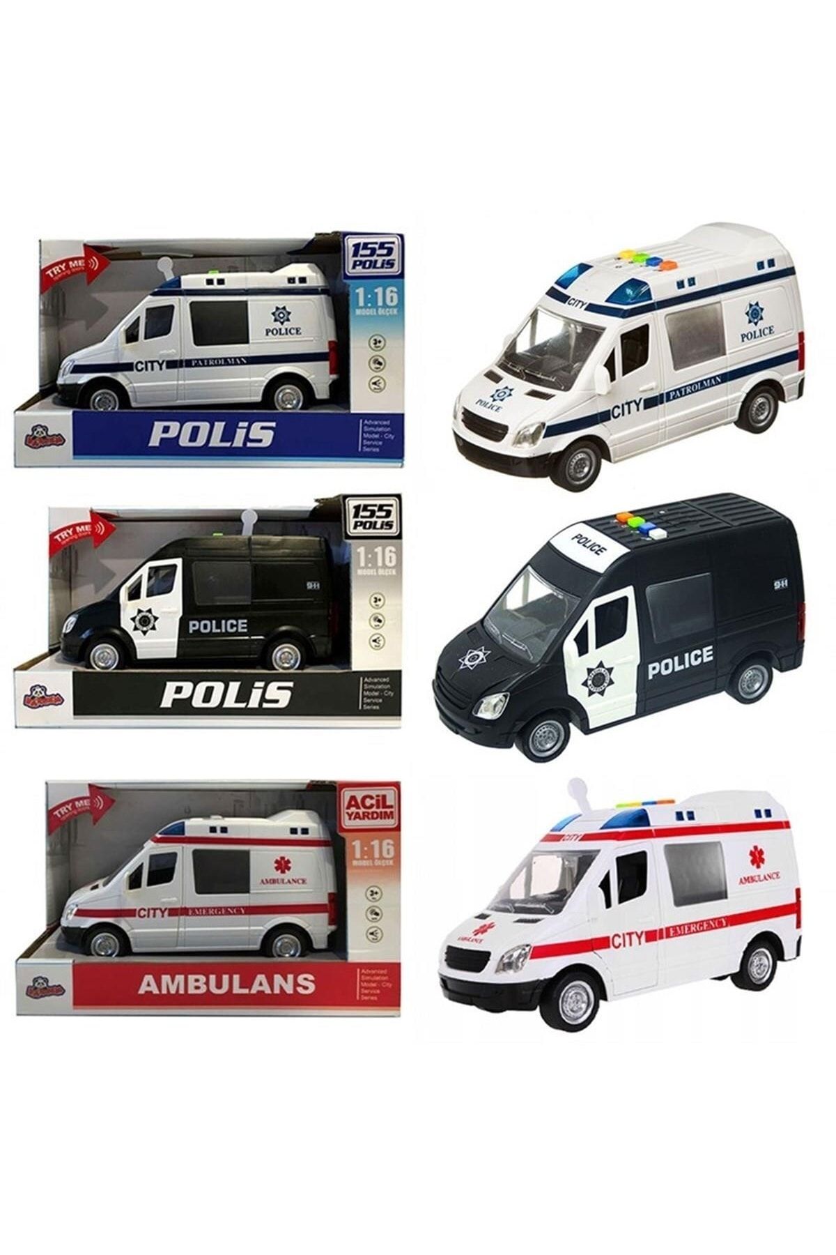 ctoy Işıklı Ve Sesli Sürtmeli Polis Minibüsü – Ambulans 1:16 (karışık Model 1 Adet)