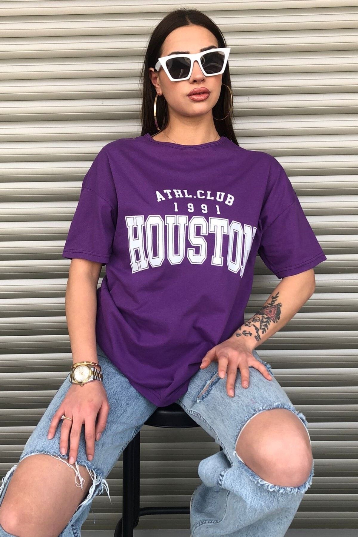 MODASOKAK Kadın Mor Houston Yazı Baskılı Oversize T-shirt