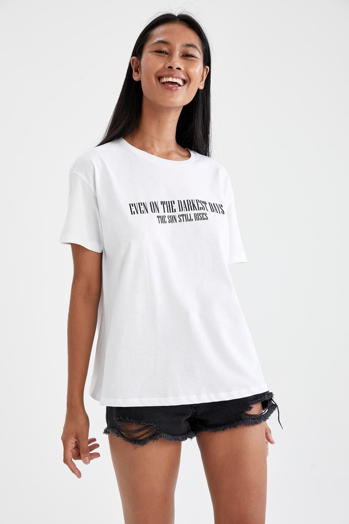 Defacto Slogan Baskılı Oversize Fit Tişört