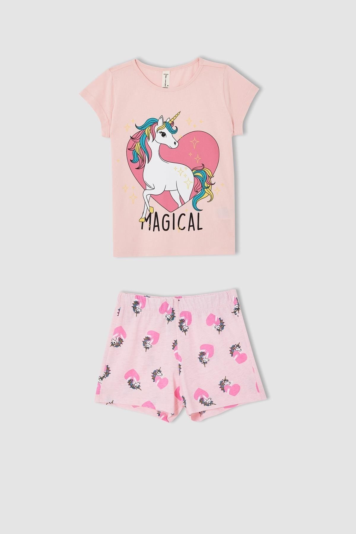 Defacto Kız Çocuk Unicorn Baskılı Kısa Kollu Pijama Takımı T2059A621SM