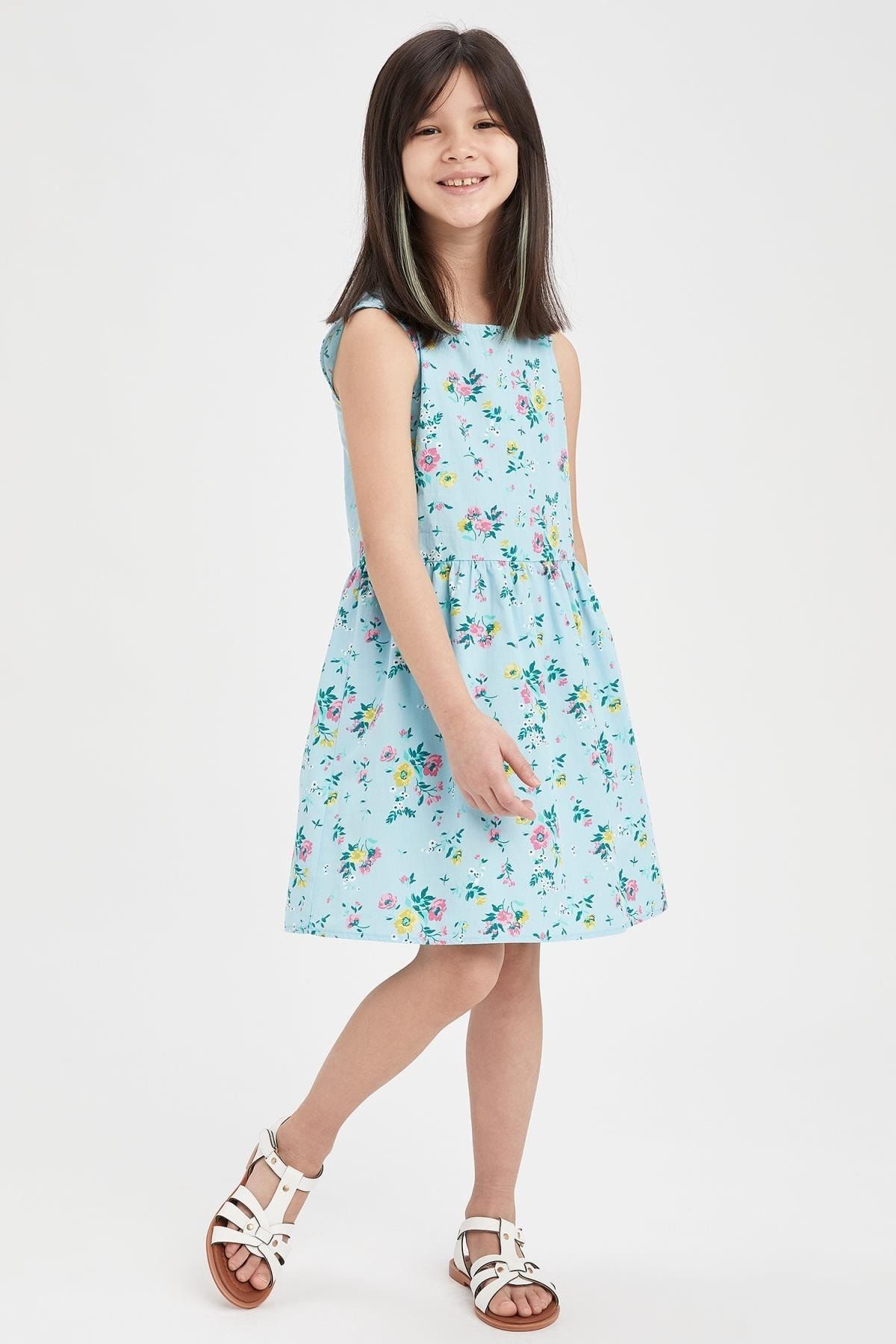 Defacto Kız Çocu Çiçek Desenli Kolsuz Pamuklu Elbise