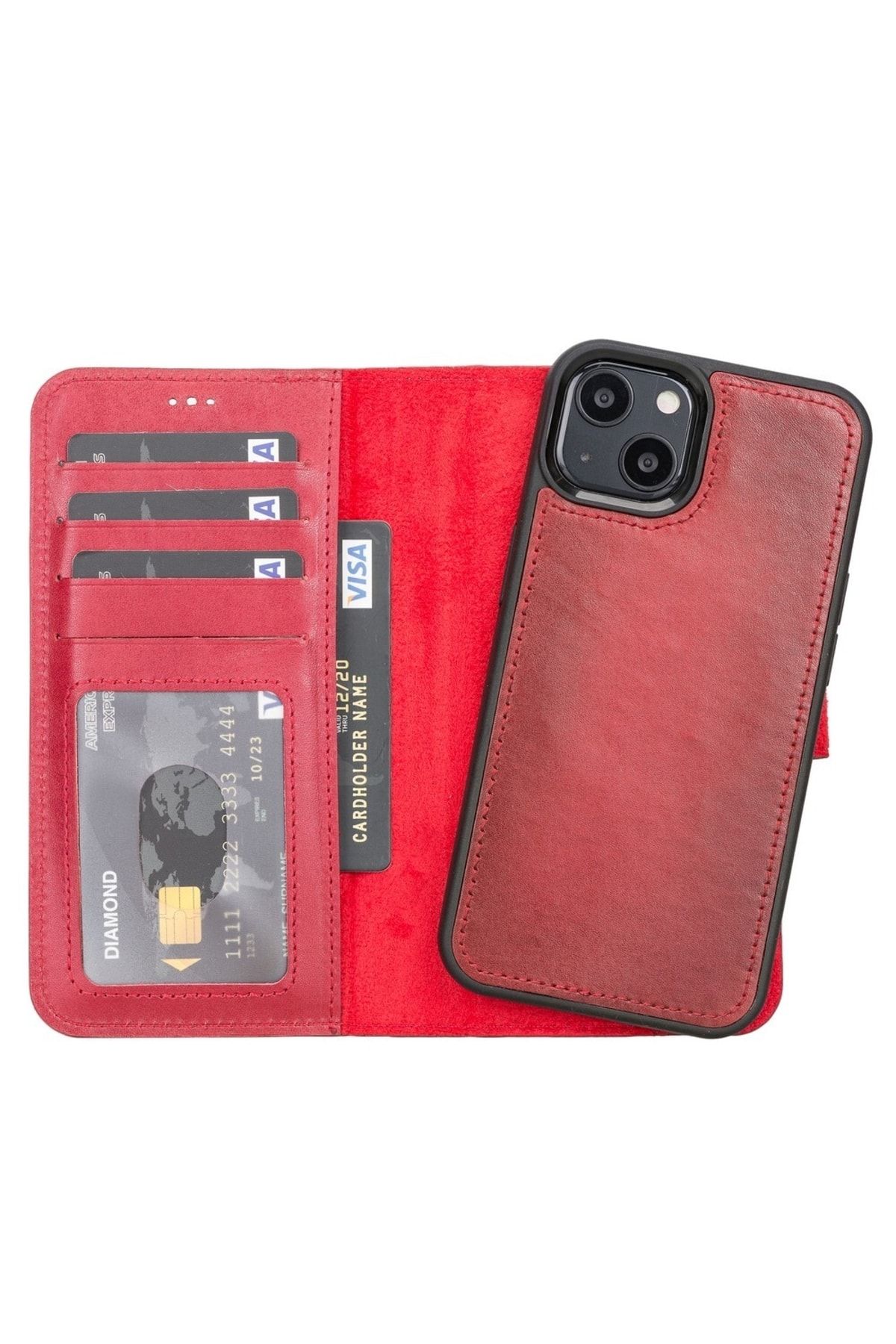 Plm Iphone 13 Uyumlu Deri Cüzdanlı Kılıf V4ef Kırmızı