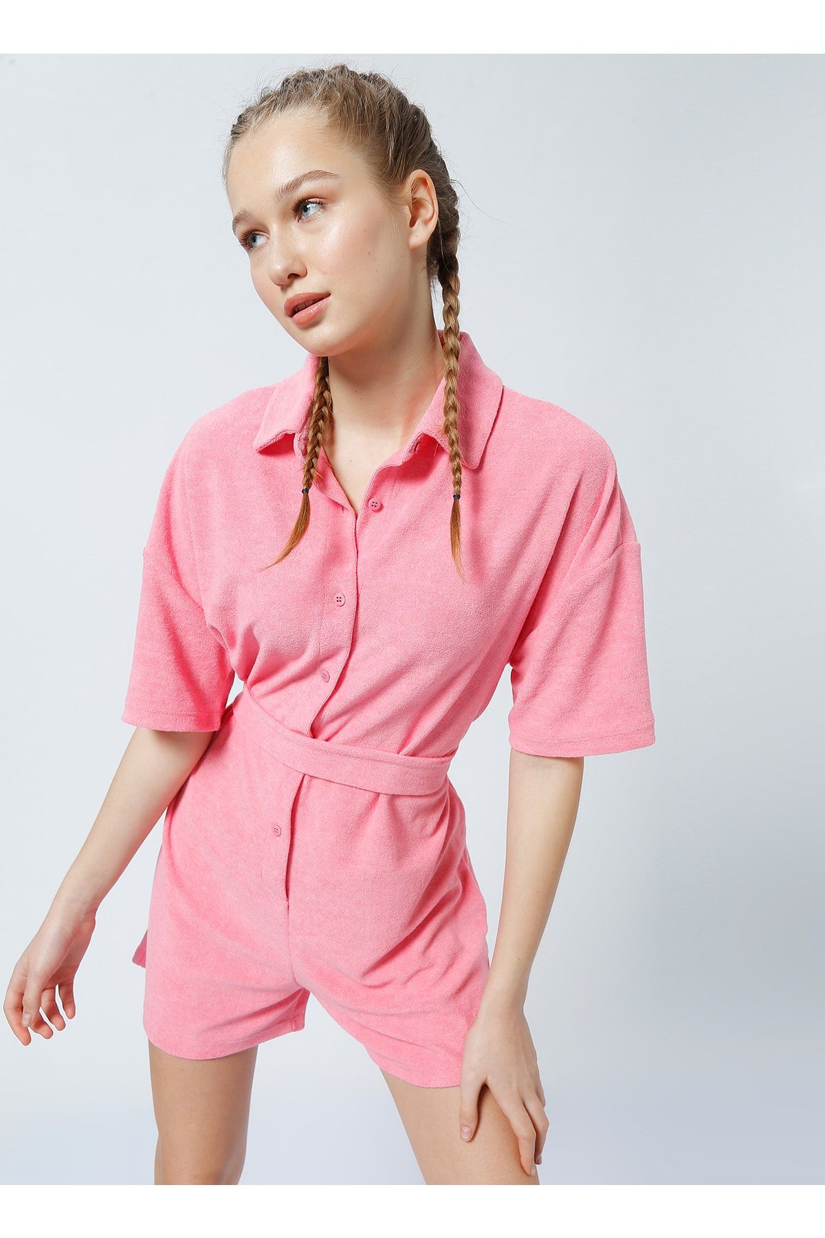 LİMON COMPANY Limon Howard Gömlek Yaka Bağlamalı Standart Kalıp Düz Pembe Kadın Tulum