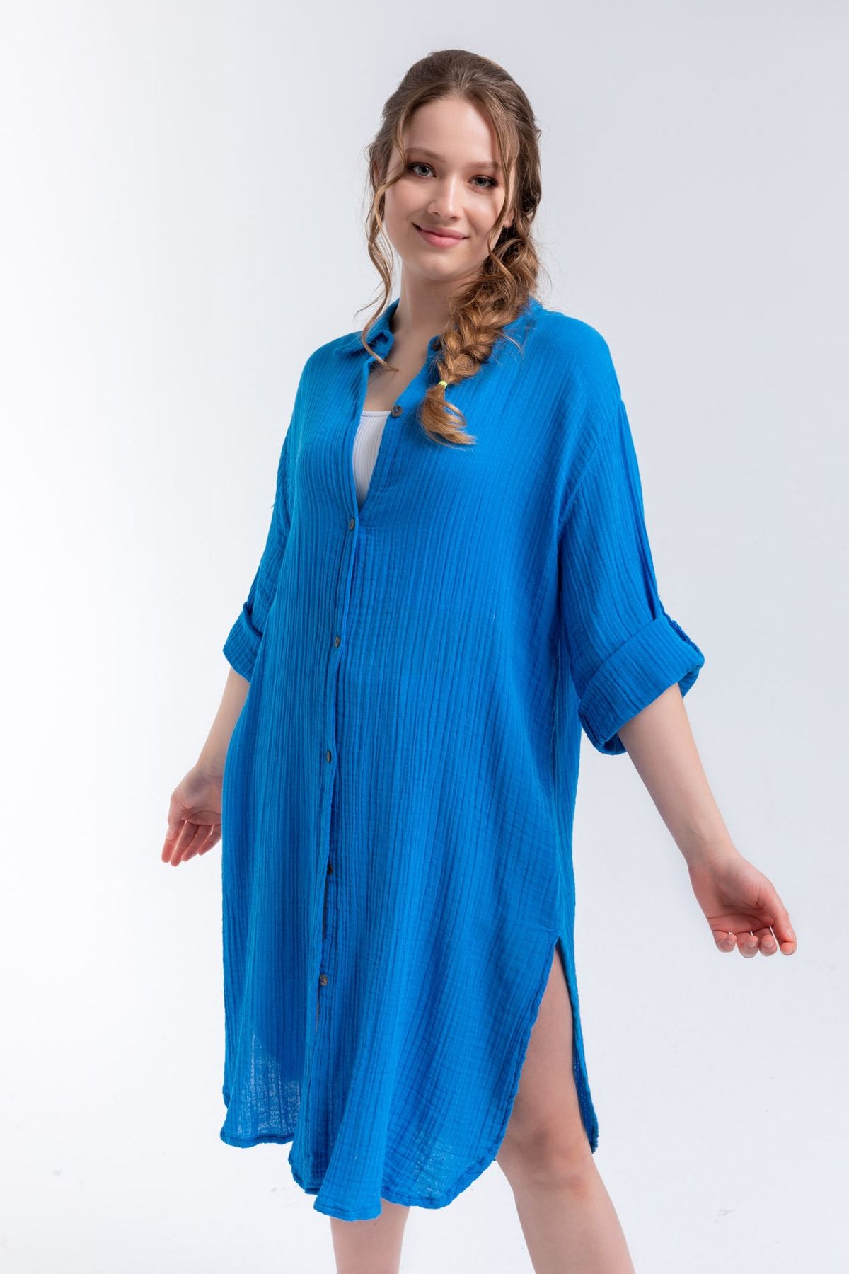 Begonville Caroline Muslin %100 Pamuk Gömlek Elbise - Mavi