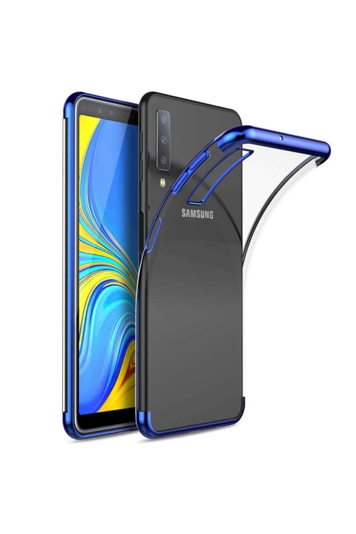 Samsung Galaxy A7 2018 Lüks Lazer Silikonlu Kılıf Mavi Nano Ekran Koruyucu