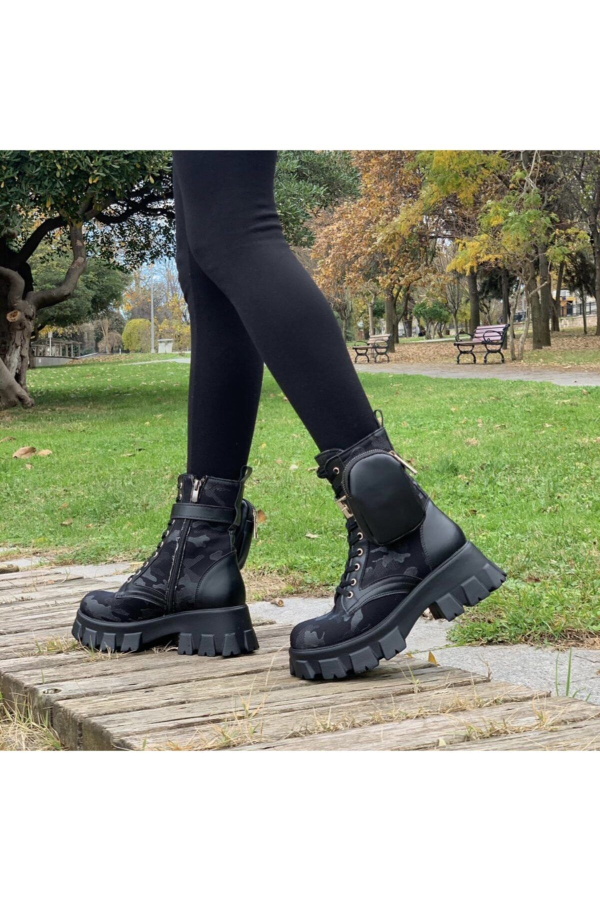 Mole Negro Kadın Siyah Cepli Çantalı  Kamuflaj Deri Postal Bağcıklı Ve Fermuarlı Bot Ayakkabı