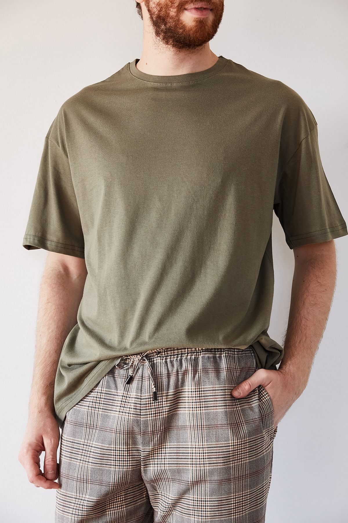 XHAN Erkek Haki Basic Bol Kesim Oversize T-shirt 1kxe1-44215-09