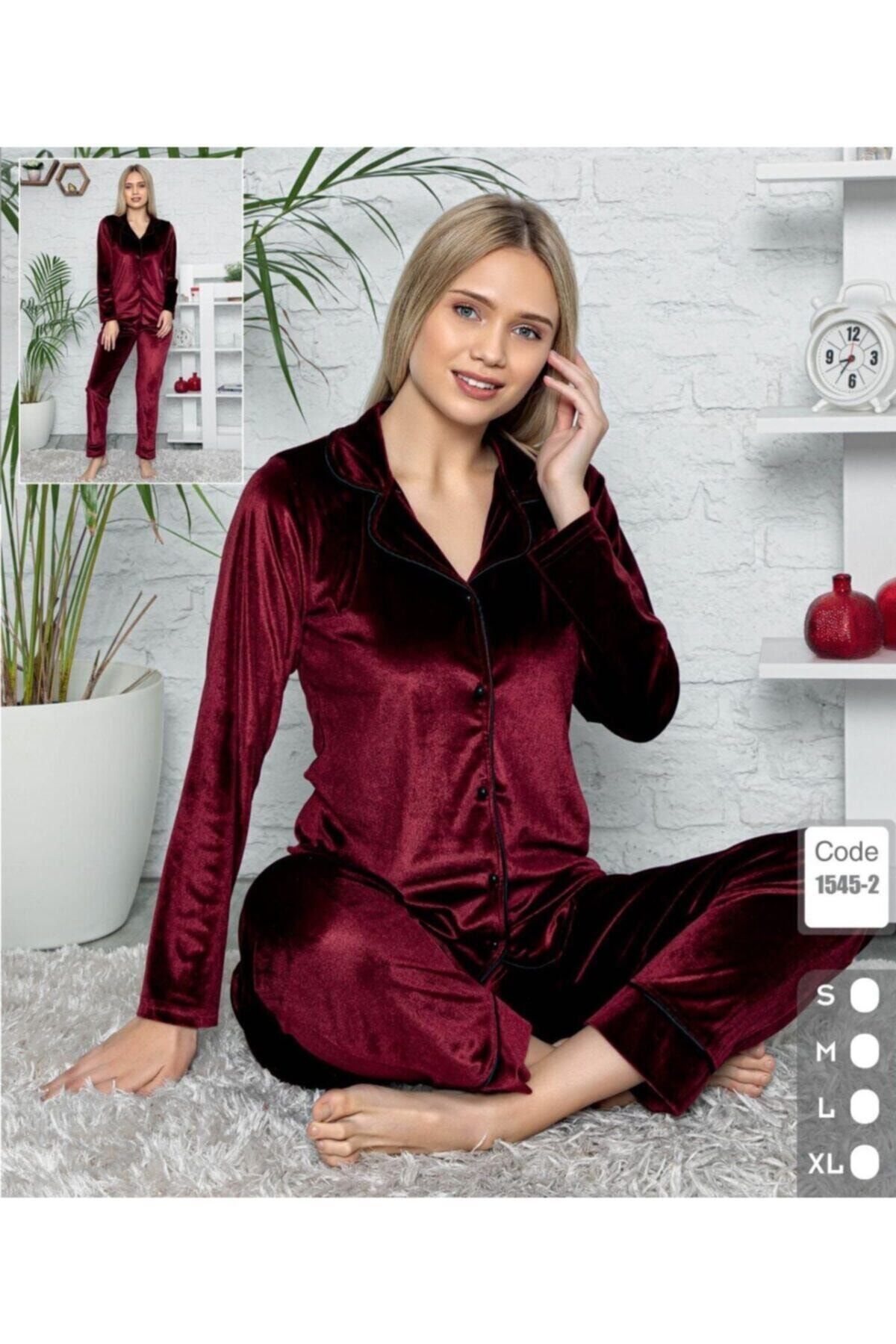Mihra Stil 1545 Kadın Gömlek Model Önden Düğmeli Kadife Pijama Takımı - Bordo