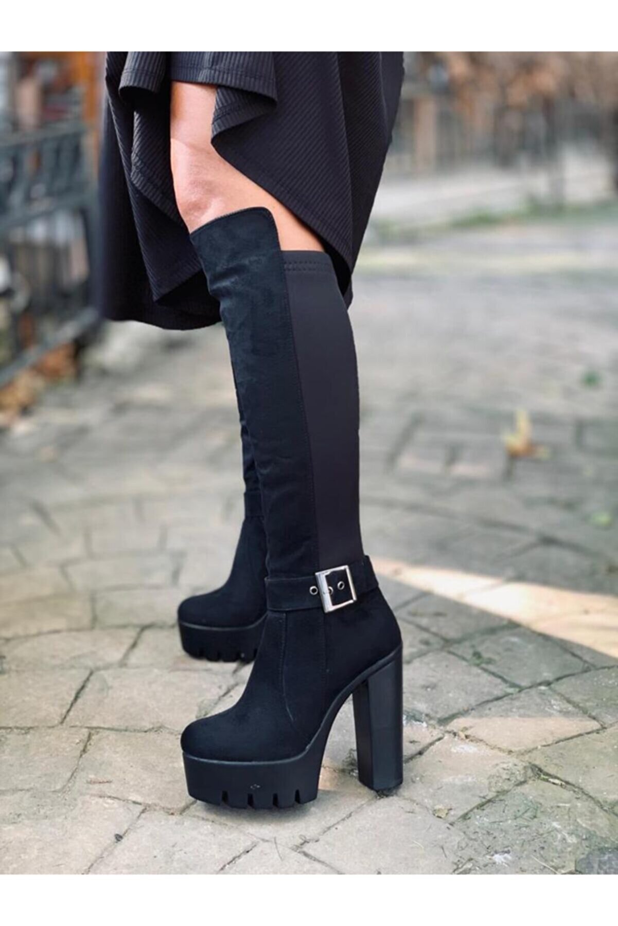 MoreLife Kadın Siyah Süet Uzun Platform Topuk Streç Çizme