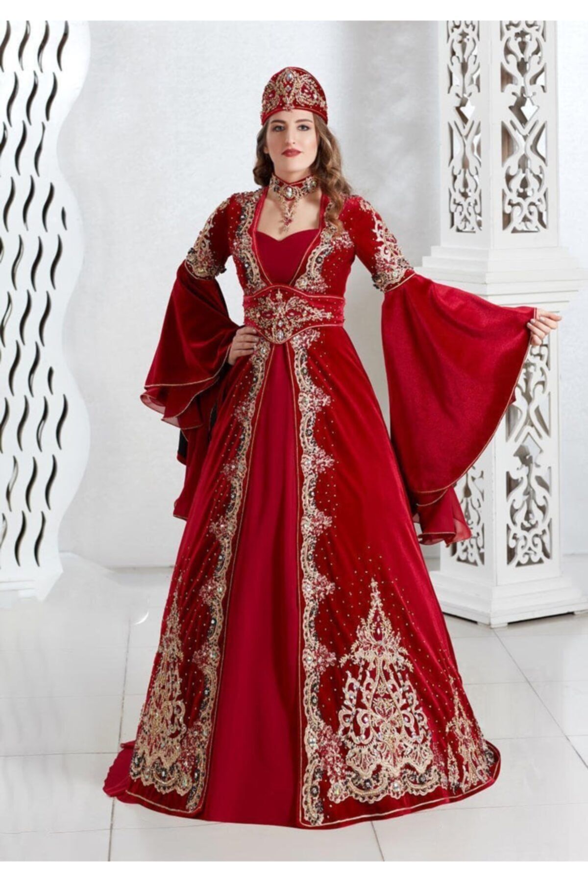 ASN MODA Kadın Bindallı Kına Elbisesi 5 Parça Kırmızı