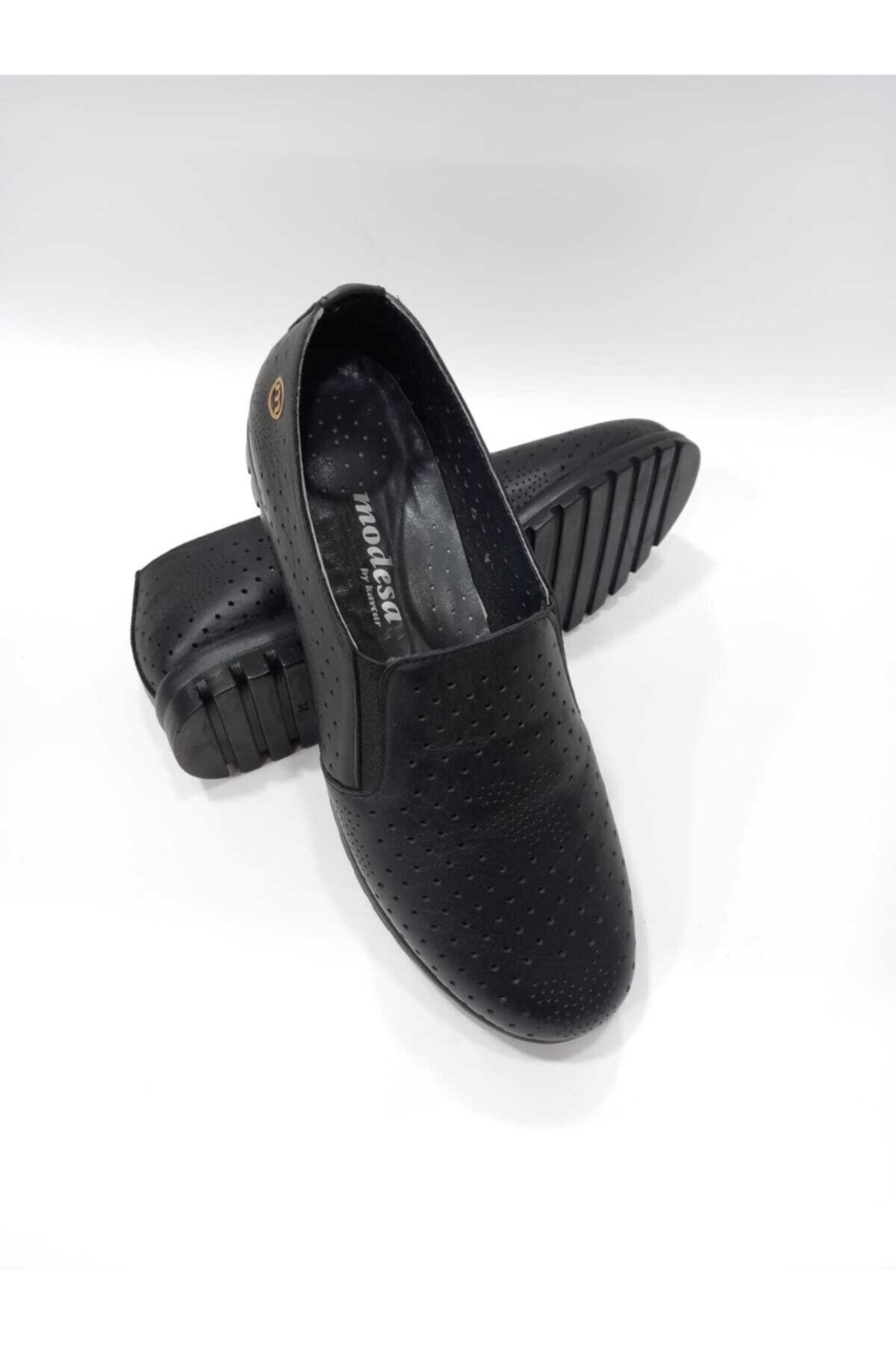 Modesa By Kavcar 027 Siyah Hakiki Deri Ortopedik Taban El Dikişli Kadın Günlük Ayakkabı