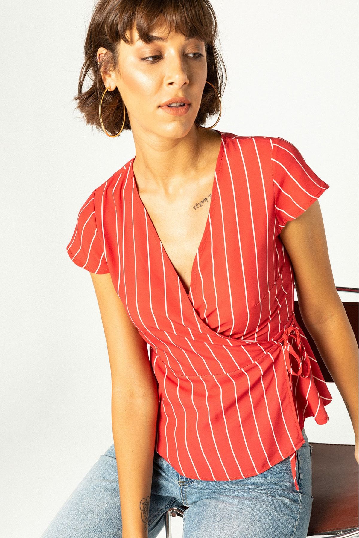 Select Moda Kadın Kırmızı V Yaka Yandan Bağlamalı Bluz