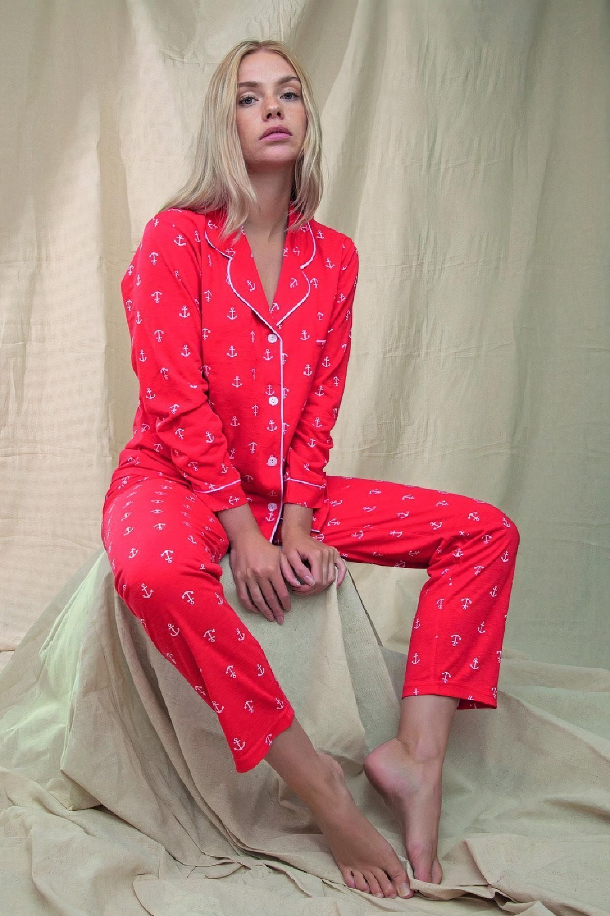 Çağrı Kadın Kırmızı Pamuklu Uzun Kollu Pijama Takımı