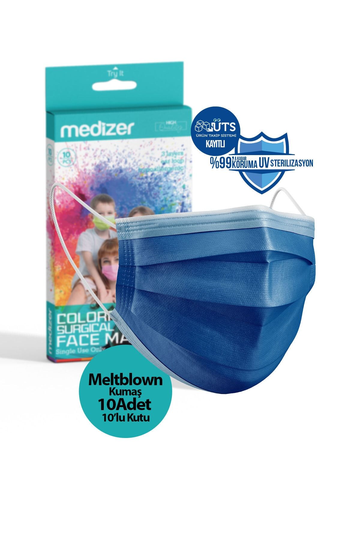 Medizer Lacivert Meltblown Kumaş Full Ultrasonik 3 Katlı Cerrahi Maske 10'lu 10 Kutu - Burun Telli