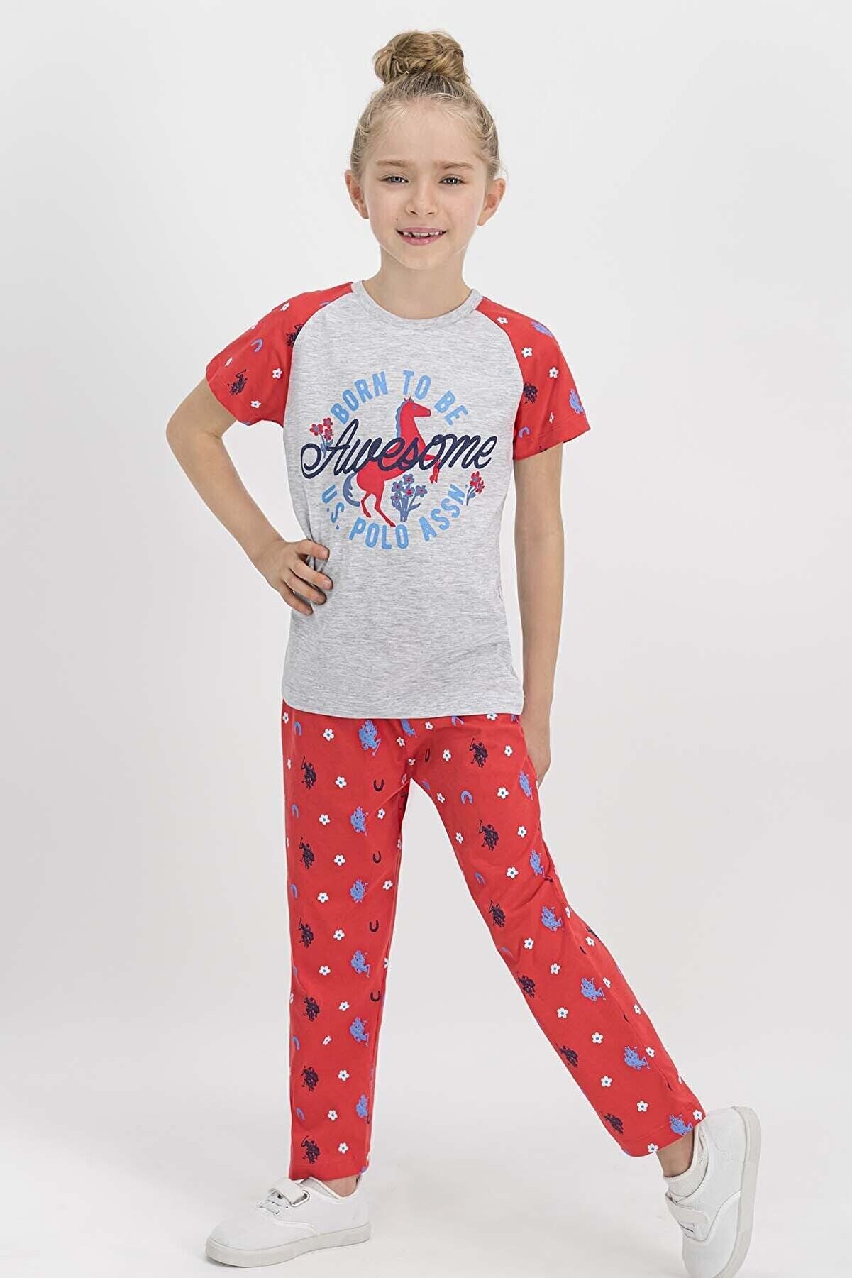 US Polo Assn Kısa Kollu Kız Çocuk Pijama Takımı Krem