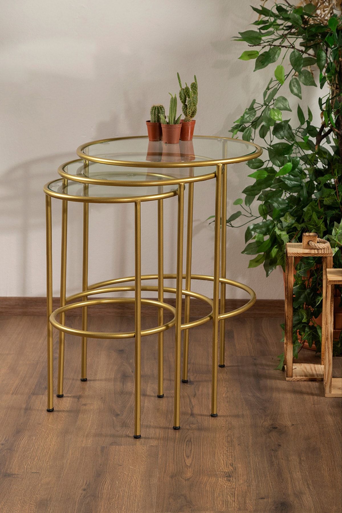 tino furniture Lotus 3'lü Şeffaf Camlı Gold Zigon Yan Sehpa