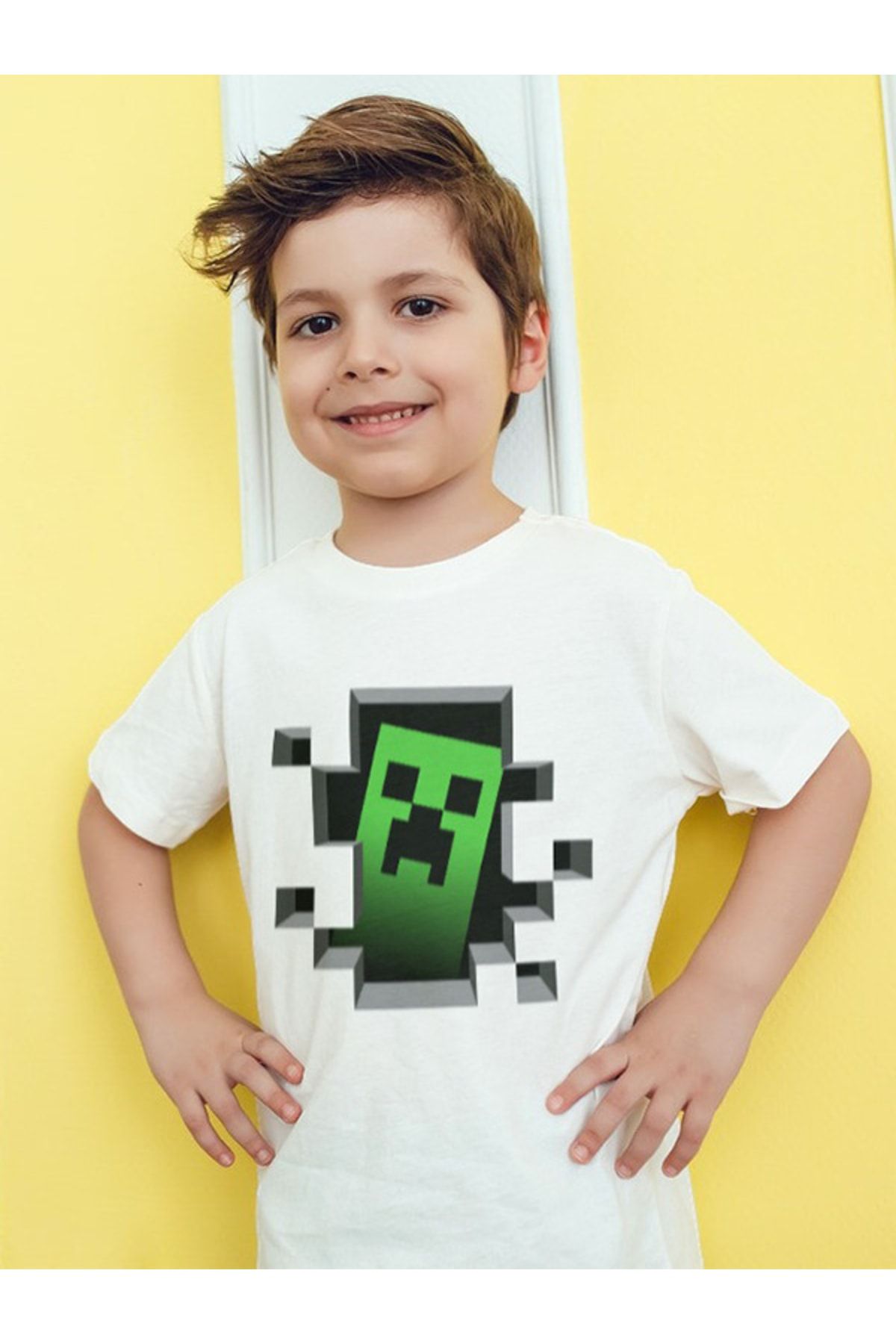 Minecraft Creeper Baskılı Beyaz Çocuk Tişört