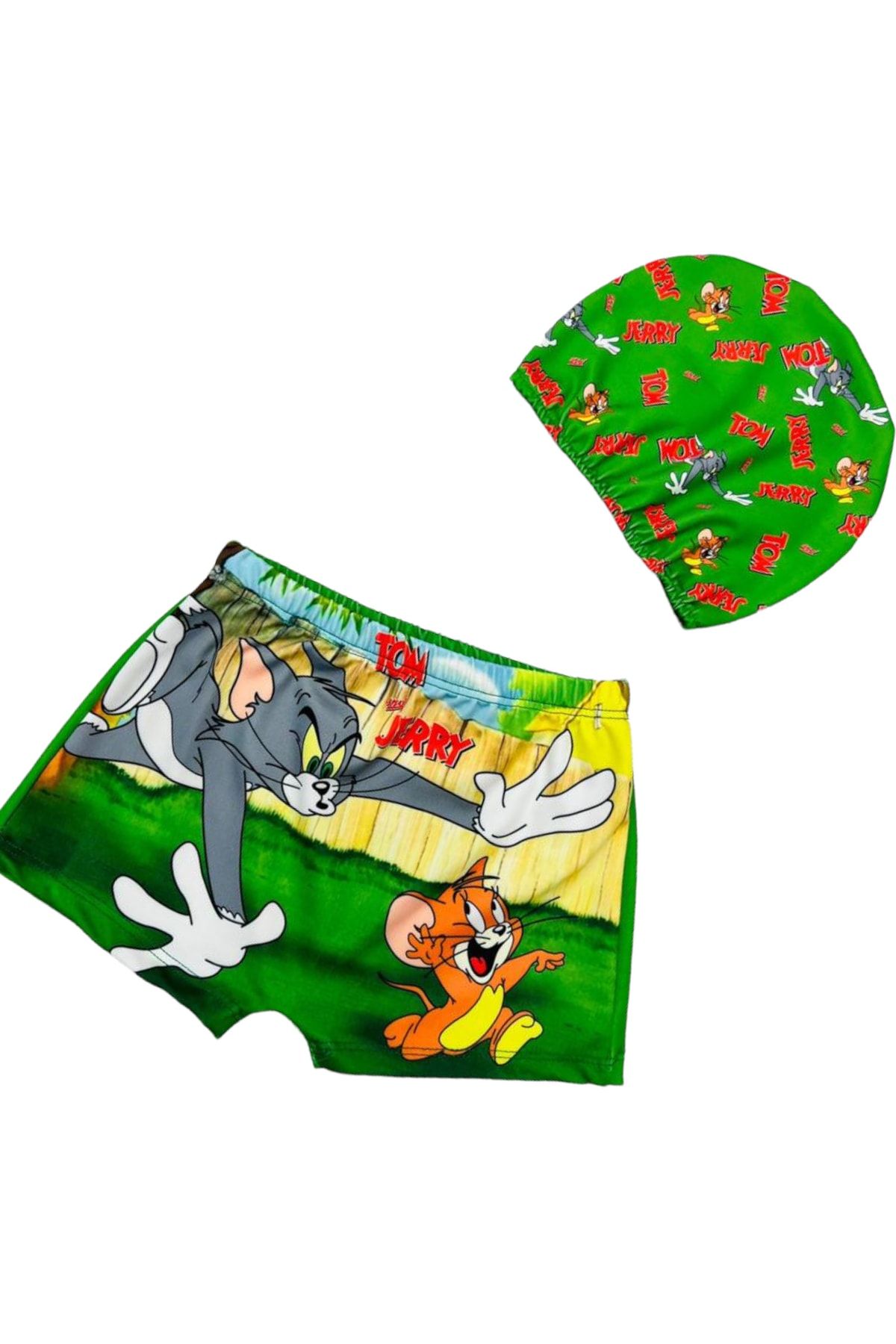 Lolliboomkids Erkek Çocuk Tom Ve Jerry Kahramanlar Temalı Mayo Şort Bone 2'li Set Yeşil Renk 2022