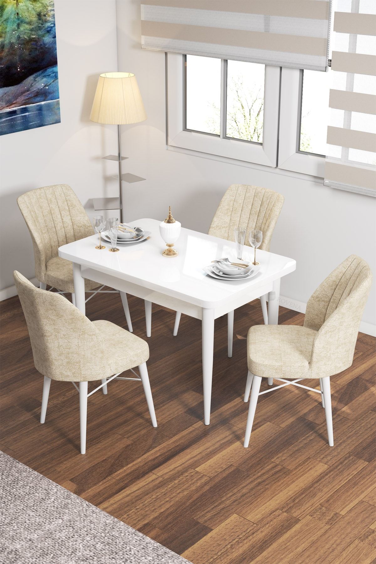 Rovena Lera Beyaz 70x110 Mdf Sabit Mutfak Masası Takımı 4 Adet Sandalye