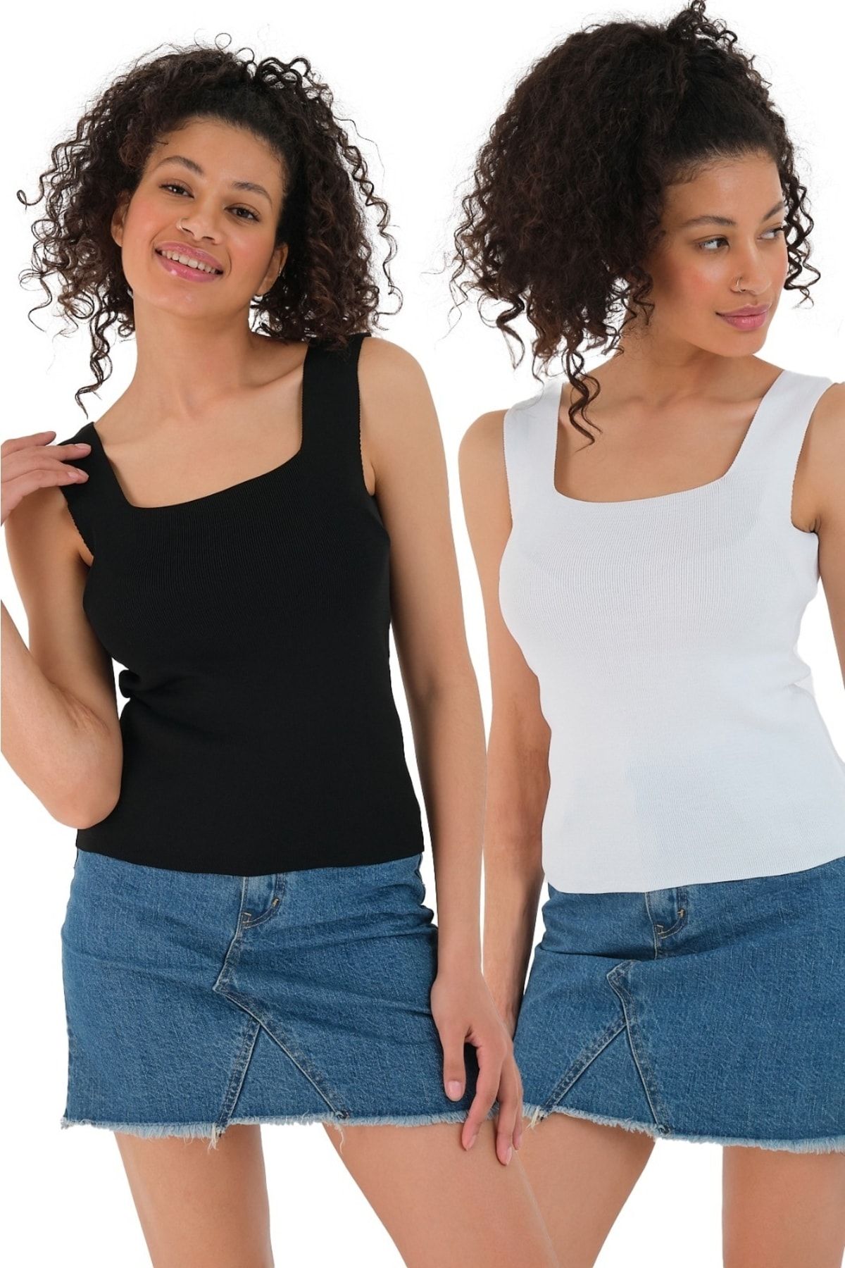 Luna Carina Kadın Siyah-beyaz Kare Yaka Kalın Askılı 2'li Paket Yazlık Triko Bluz