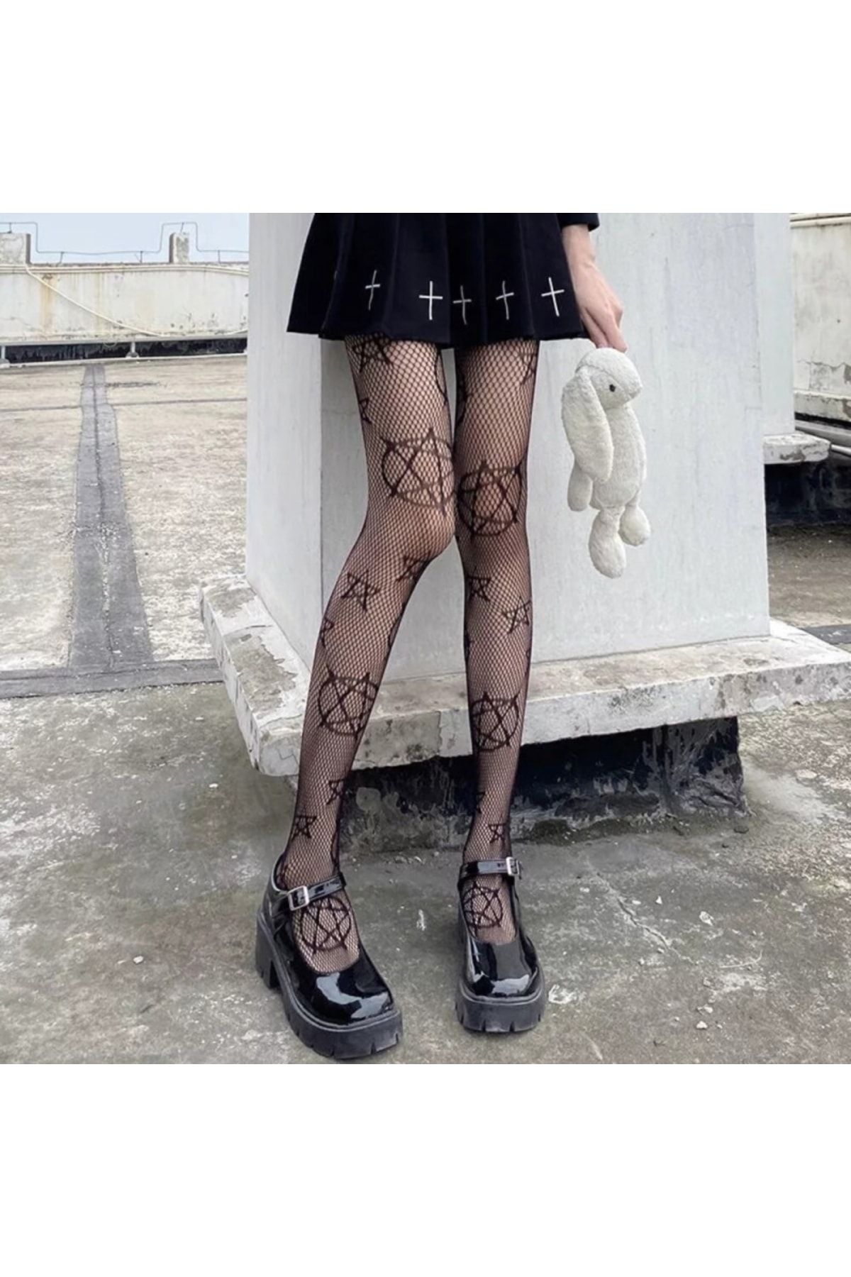 VEGAROKS Punk Gothic Pentagram Desenli Ithal Külotlu Çorap