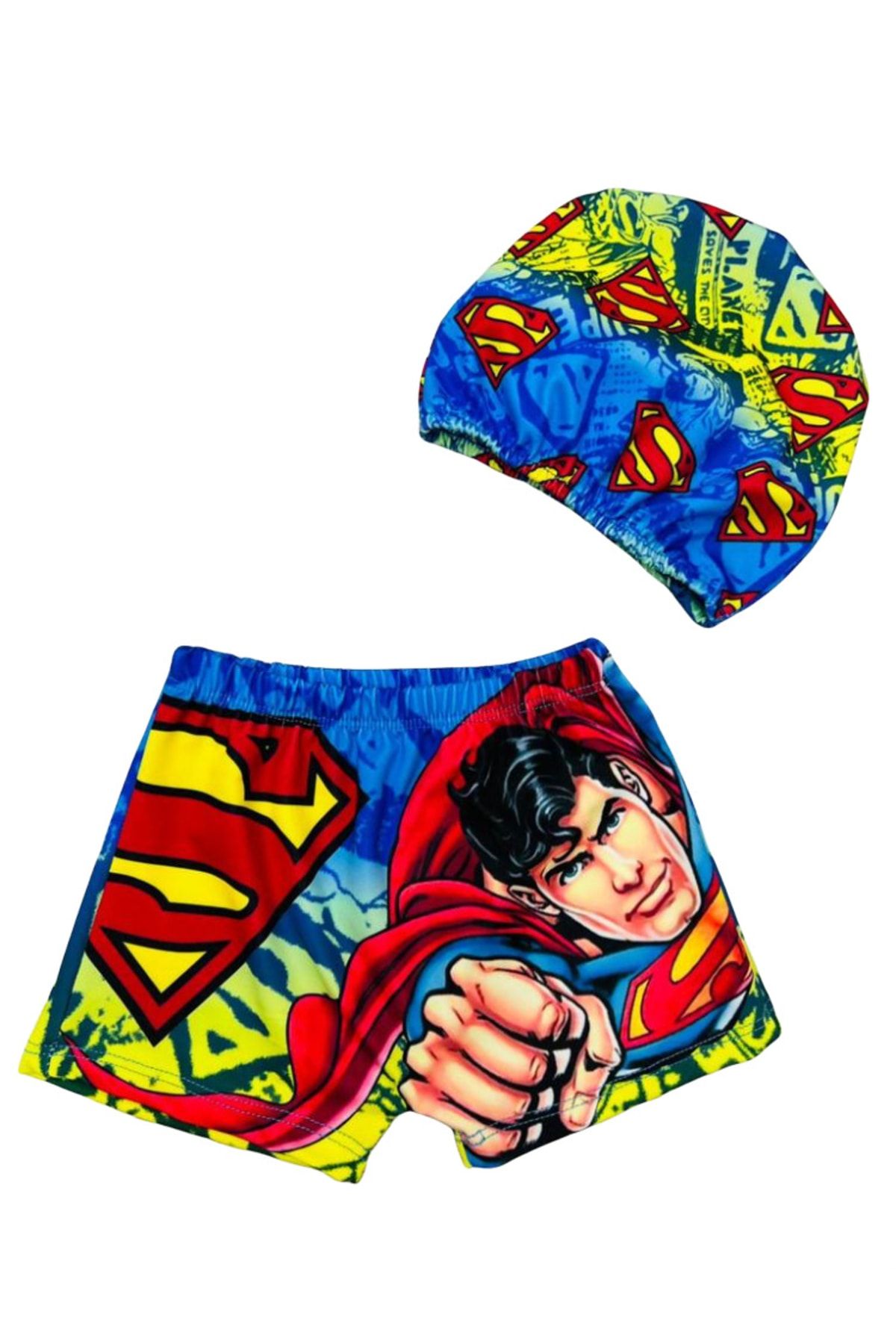 Lolliboomkids Erkek Çocuk Superman Halkın Kahramanı Temalı Mayo Şort Bone 2'li Set Sarı Kırmızı Siyah 2022