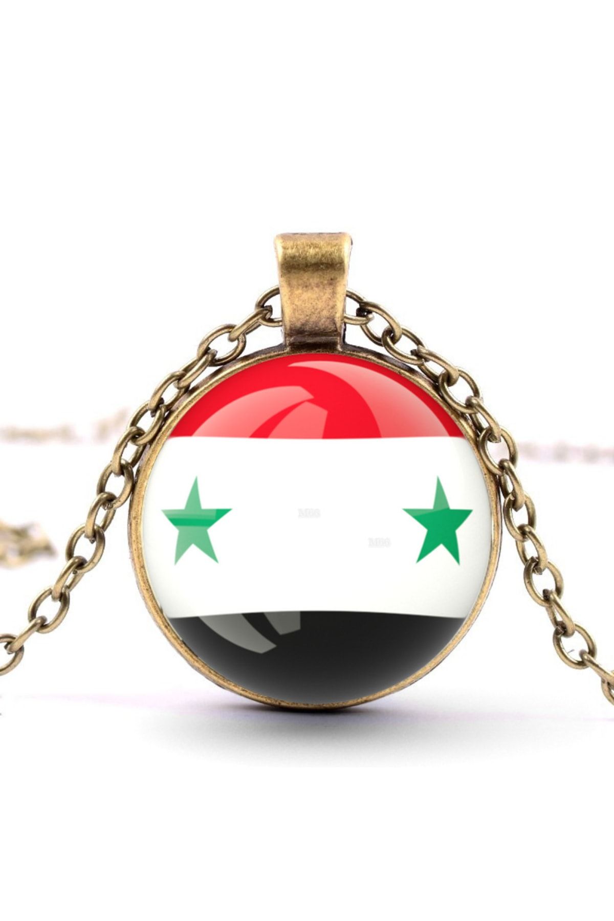 Market66 Suriye Bayrak Kolye Syria Bayrağı Yuvarlak Camlı Bronz Renk Metal Kolyesi
