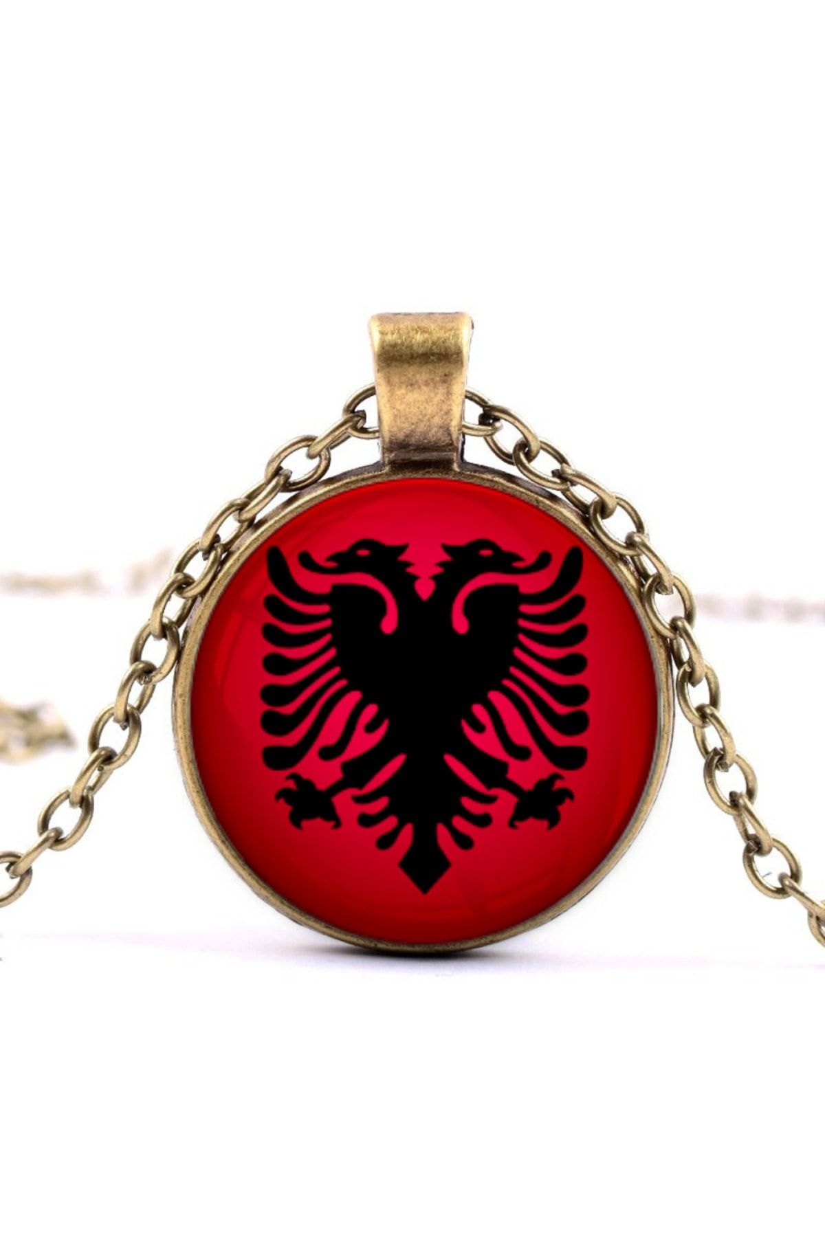 Market66 Arnavutluk Bayrak Kolye Albania Bayrağı 3d Büyüteç Camlı Bronz Renk Metal Kolyesi