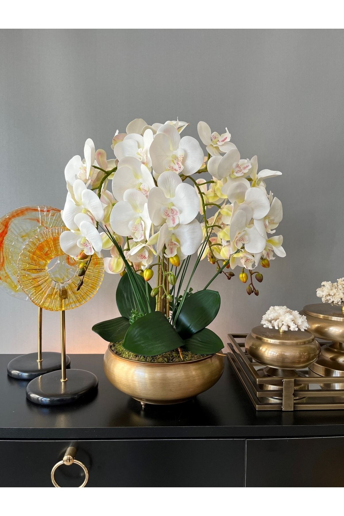 LİLOTEHOME Eskitme Mat Gols Ufo Saksıda 5 Dal Beyaz Orkide