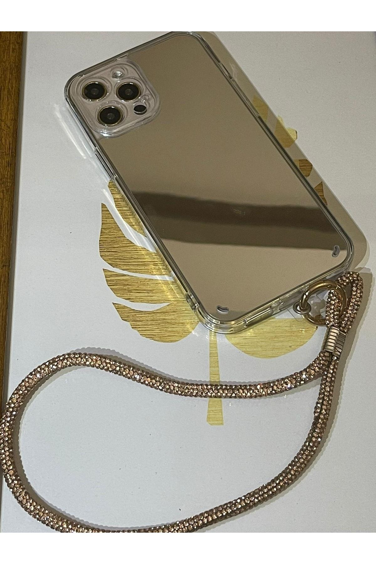 casewordtr Iphone 13 Pro Max Swarovski Taşlı Bilek Boy Askı Ve Aynalı Telefon Kılıfı