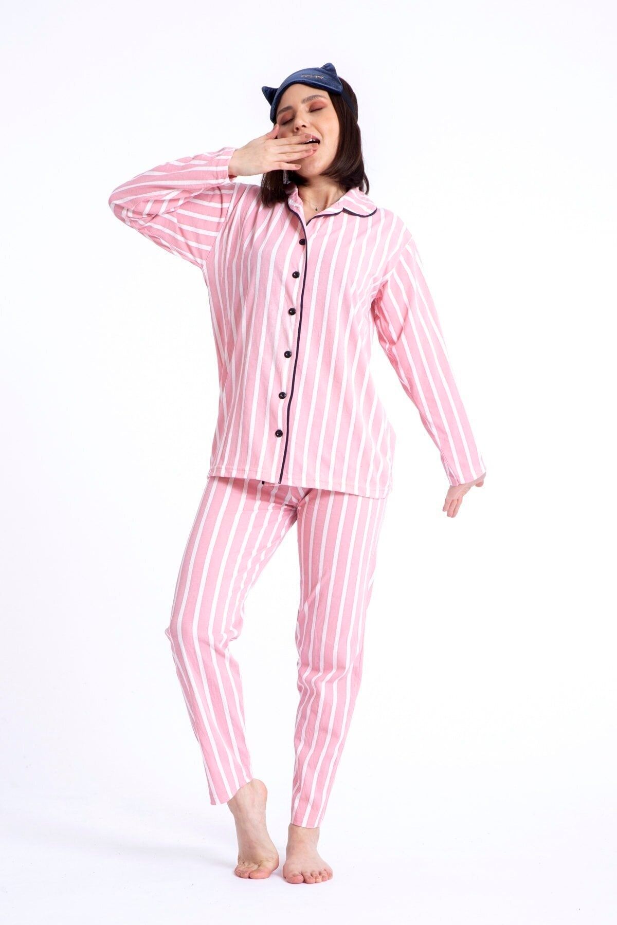TAMPAP %100 Pamuk Gömlek Yaka Düğmeli Beyaz Çizgili Pembe Mürdüm Pudra Renk Kadın Gecelik Pijama Takımı