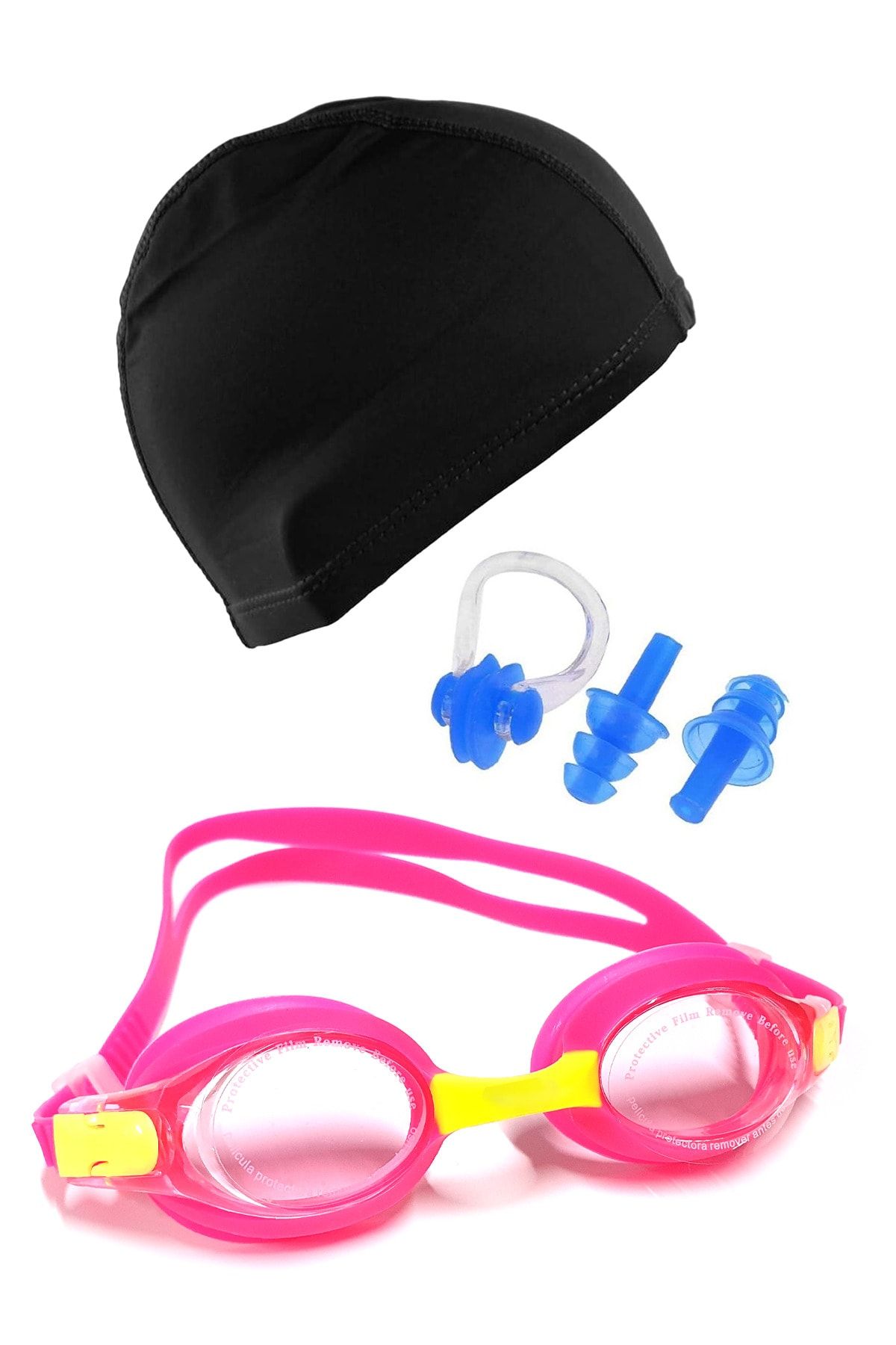Tosima Çocuk Silikon Havuz Gözlüğü Likra Bone Kulak Tıkacı Ve Burun Klips Seti Full Set