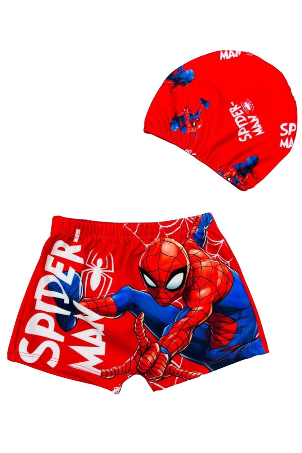 Lolliboomkids Erkek Çocuk Örümcek Adam Baskılı Spiderman Temalı Mayo Şort Bone 2 Li Set