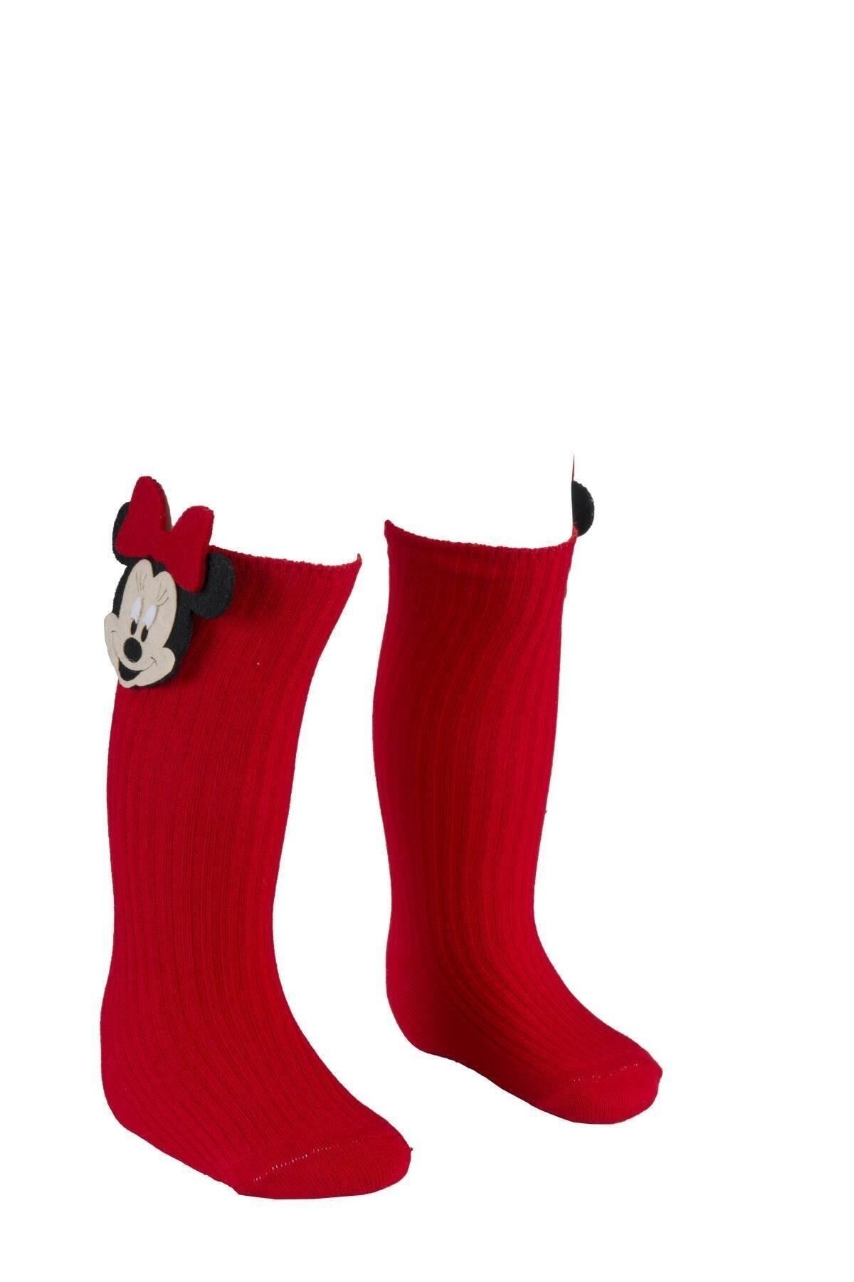 ESES BEBE Kız Çocuk Kırmızı Mickey Figürlü Dizaltı Çorabı