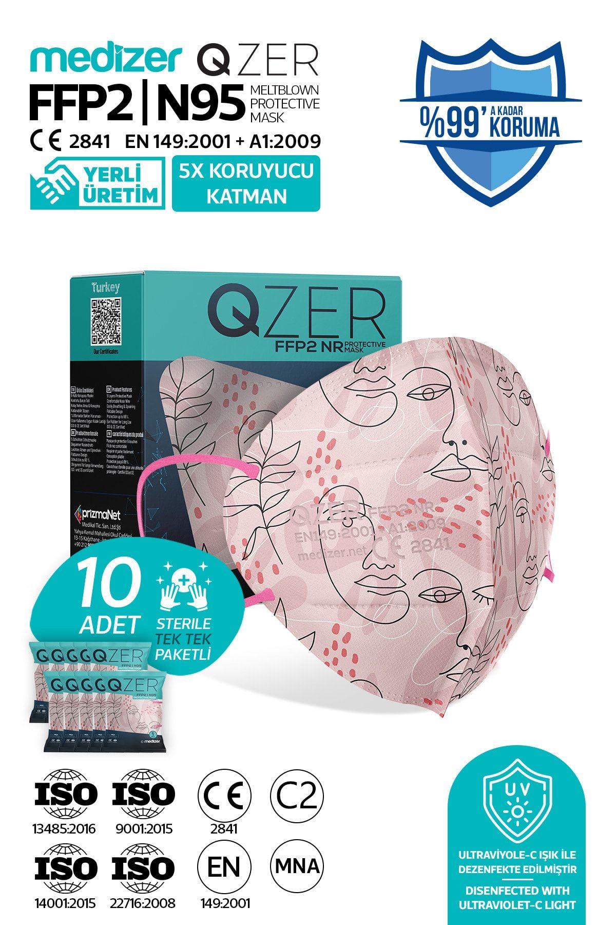 Medizer Qzer Çizgisel Kadın Desenli N95 Maske 5 Katmanlı 10 Adet