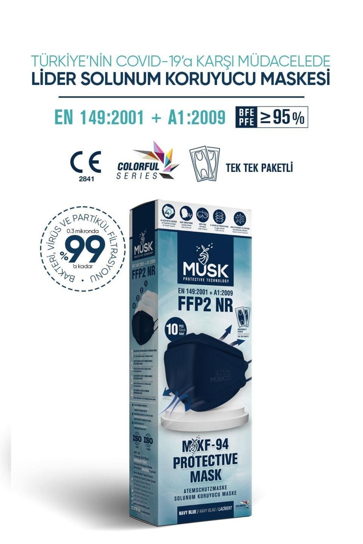 Musk KF94 Kore Tipi FFP2 Maske Lacivert Renk 10 Adet