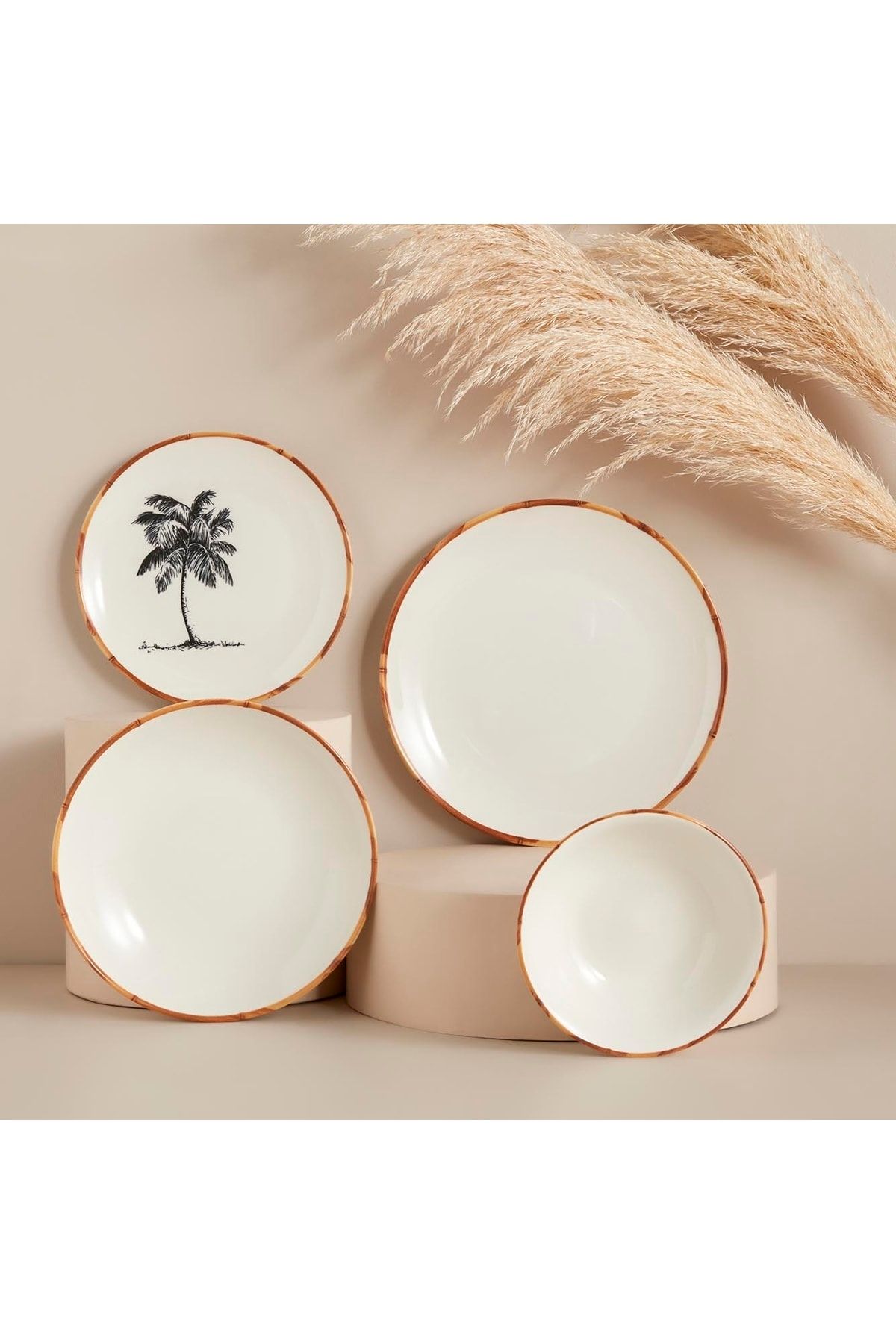 Bella Maison Palm Bamboo Stoneware 16 Parça 4 Kişilik Yemek Takımı Beyaz