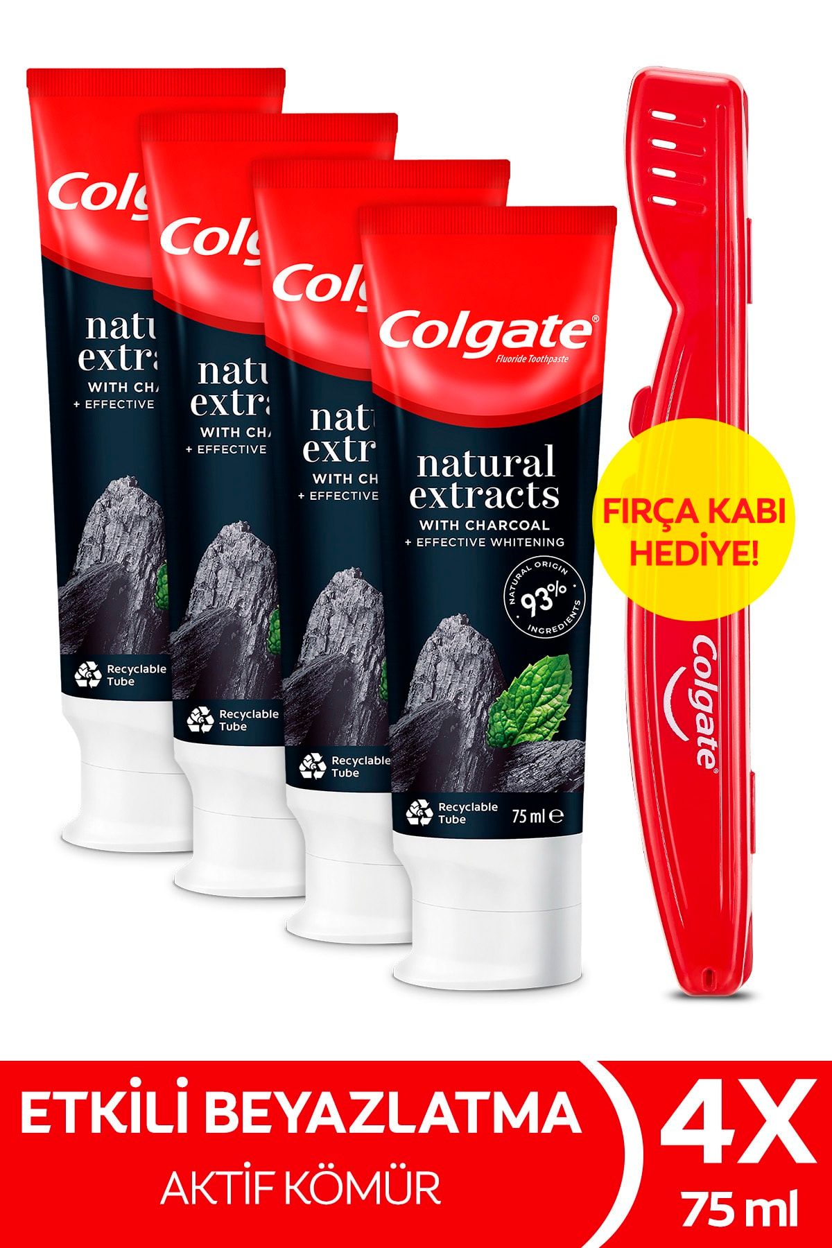 Colgate Natural Extracts Aktif Karbon ve Nane Saf Temizlik Diş Macunu4x75 ml+Diş Fırçası Kabı Hediye