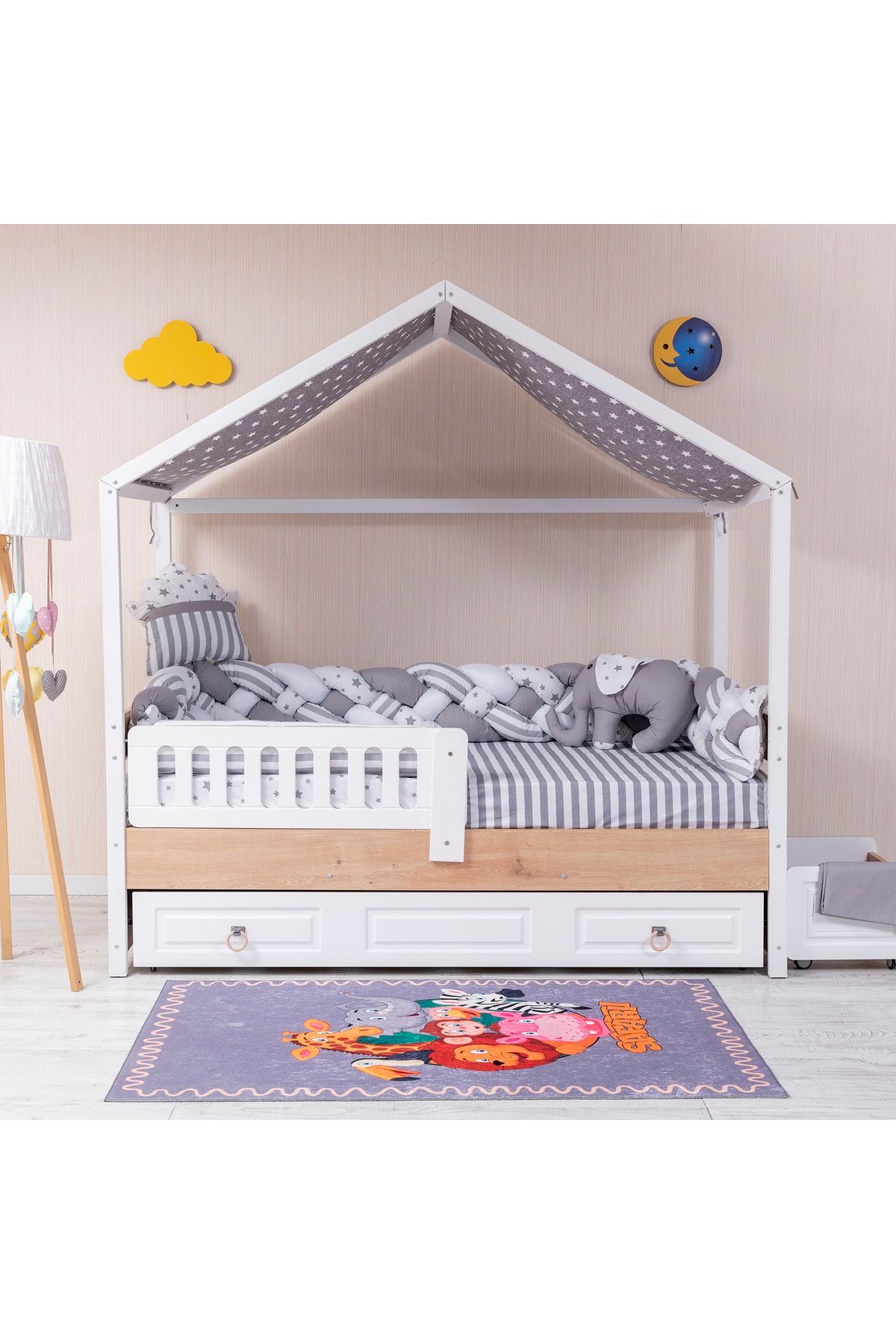 Mini Baby Minibaby Gri Filli 3’lü Örgü Montessori Bebek Çocuk Uyku Seti 90x190